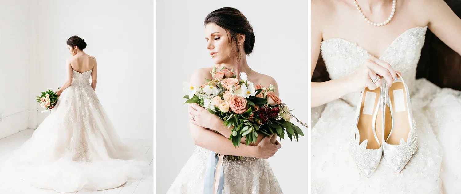 Bride in a wedding dress with a satin bodice, holding a bouquet of pink and white flowers, with shoes and jewelry on a wedding dress