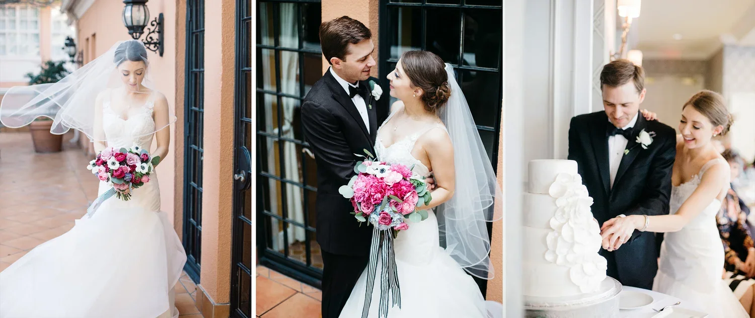 Series of wedding photos showing a bride in a white gown with veil holding a pink and purple bouquet, a groom in a black tuxedo, and a wedding cake being cut. The couple is seen in various moments during their wedding celebration.