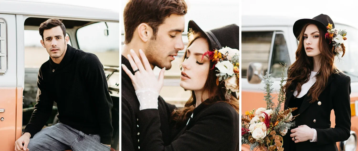 A collage of three photos featuring a young man and woman outdoors near a vintage van. In the first photo, the man is sitting on the van, looking at the camera. In the second, the man and woman are close, touching foreheads with eyes closed. In the t