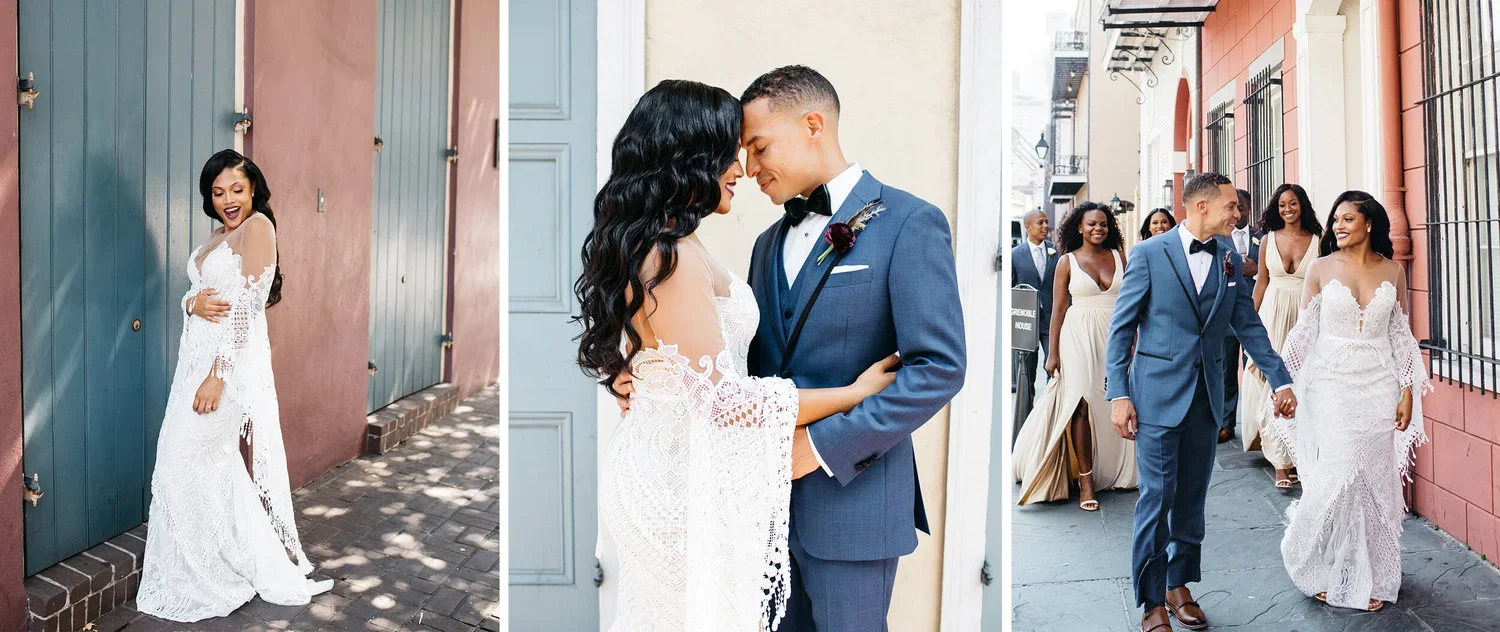 Series of wedding photos showing a bride in a white lace gown and a groom in a blue suit with a black bow tie, walking and smiling with friends