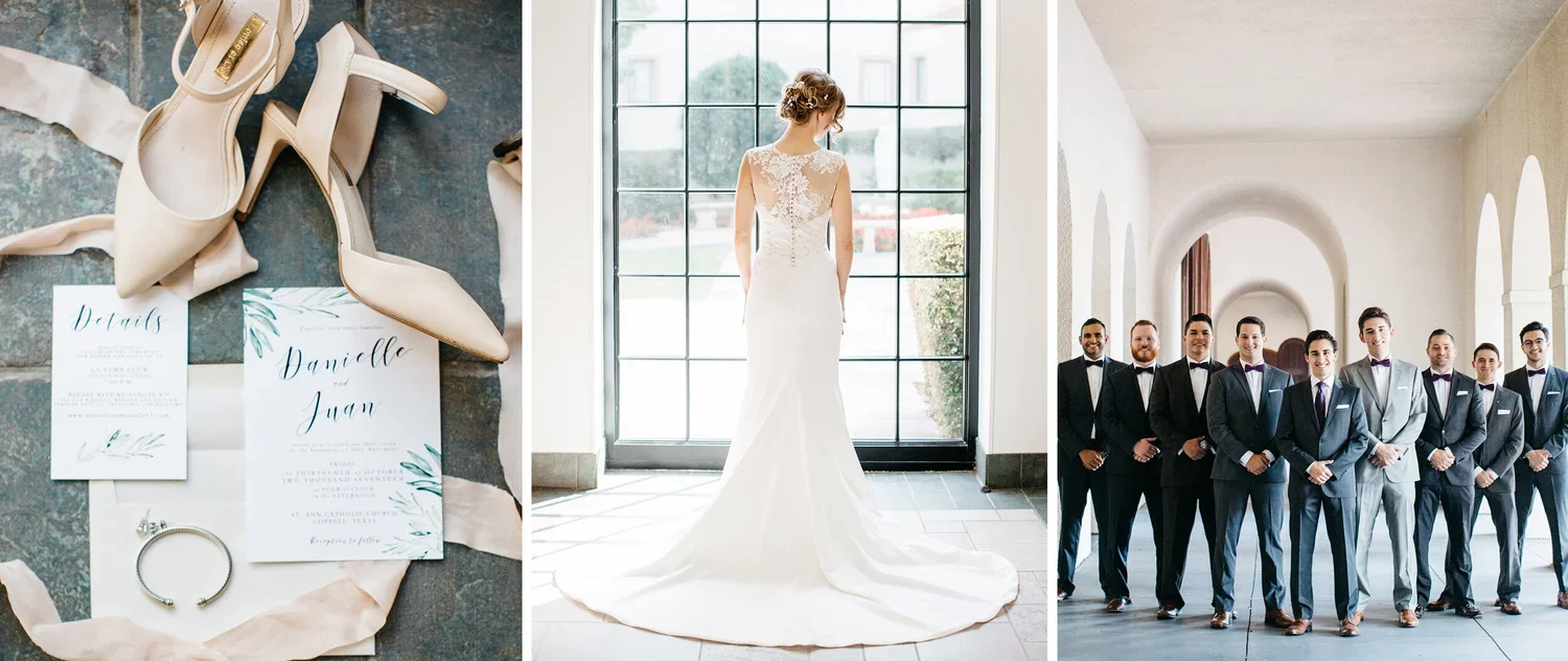 Triptych of wedding preparations and ceremony. Left: beige high-heeled shoes, wedding invitations, and a ring on a dark surface. Middle: bride in a white wedding dress standing by a large window with natural light. Right: group of groomsmen in suits 