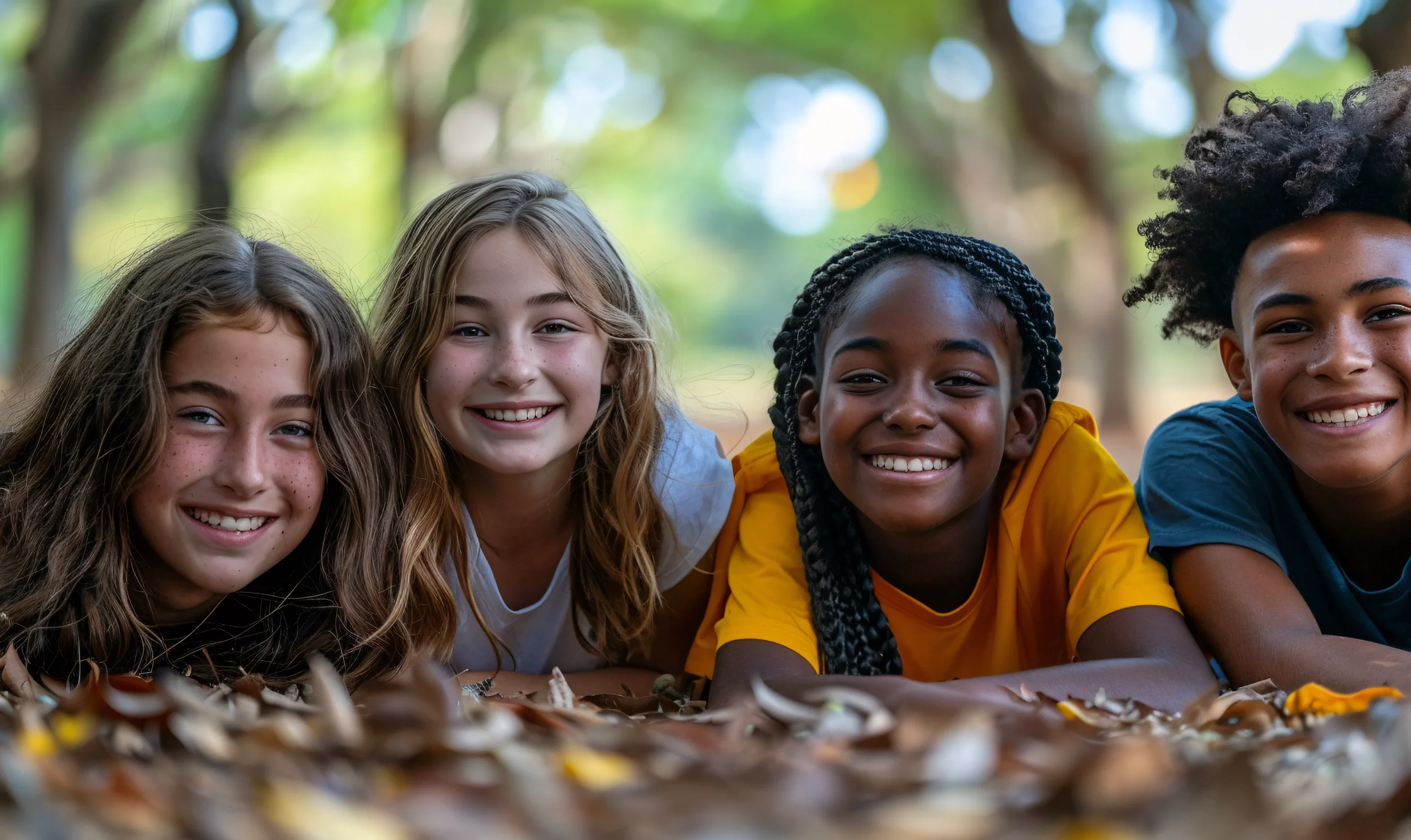 Four smiling children lying on the ground with fallen leaves, outdoors in a wooded area.