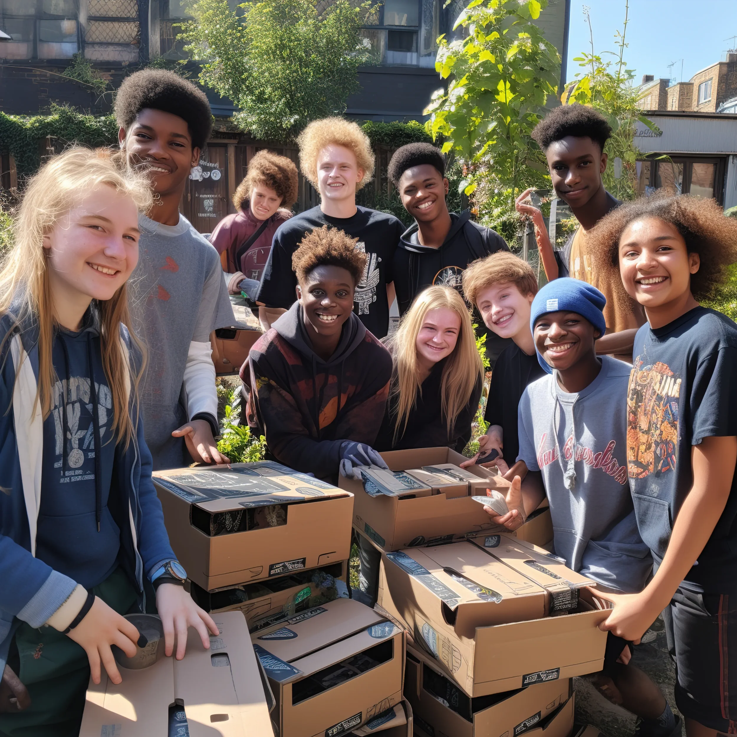 A diverse group of teenagers volunteering in a community garden, handling boxes of supplies, smiling on a sunny day.