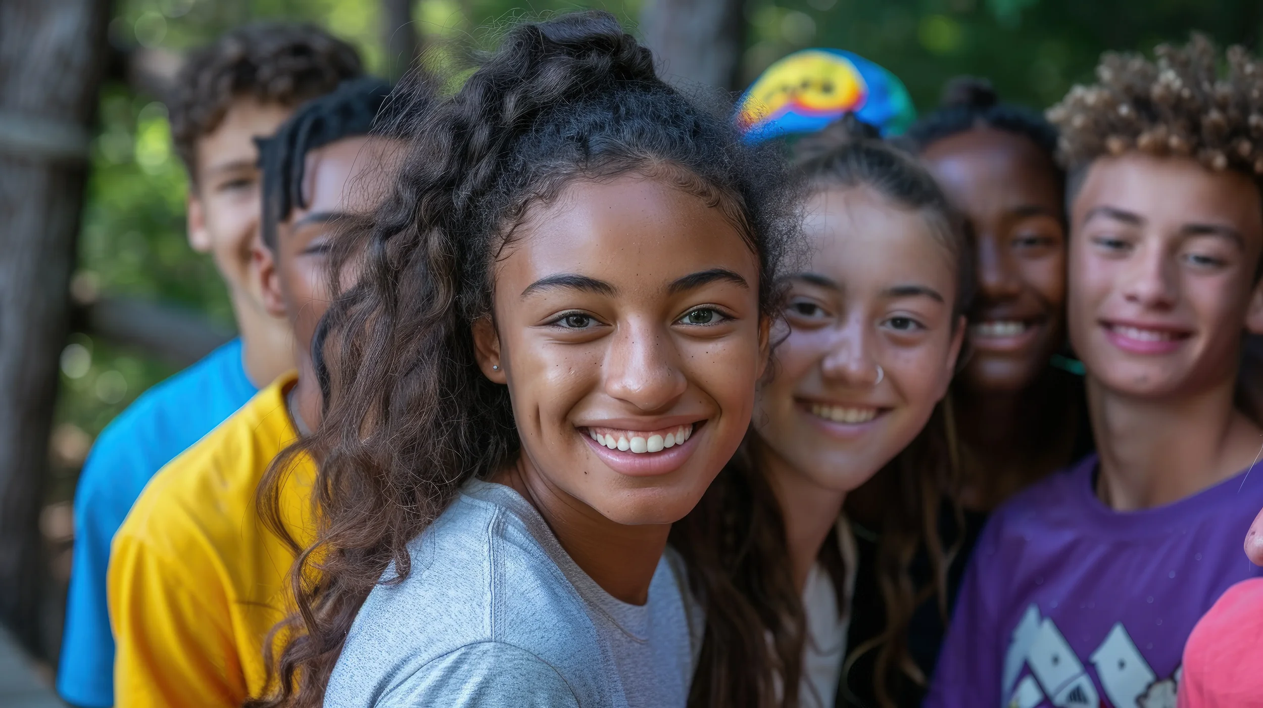 A group of smiling teenagers outdoors, with a girl with curly hair in the front, surrounded by friends in colorful shirts.