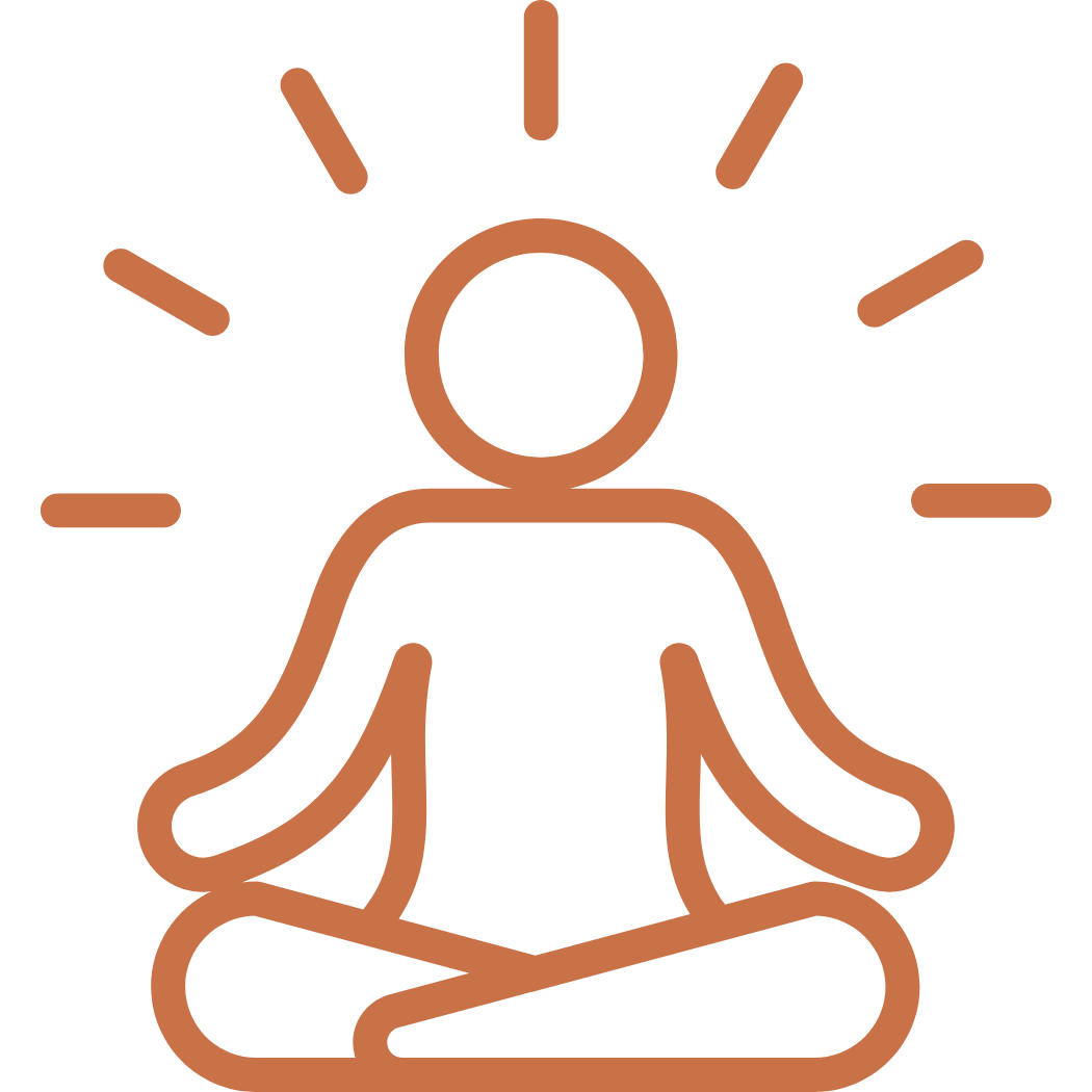 Line drawing of a person meditating in a cross-legged sitting position with a circle for a head and lines radiating outward indicating enlightenment or calm.
