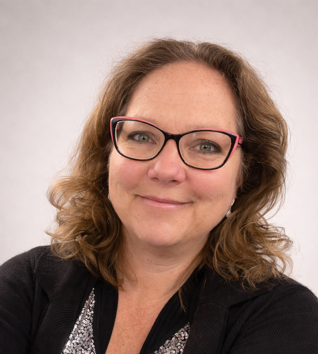 A woman with shoulder-length curly brown hair, wearing glasses and a black sweater with a sparkly top underneath, smiling at the camera.