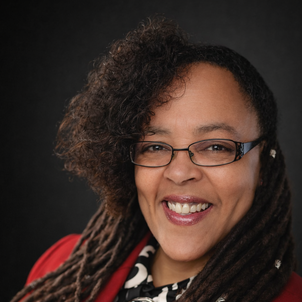 A smiling woman with glasses, curly hair, and dreadlocks, wearing a red jacket, against a dark background.