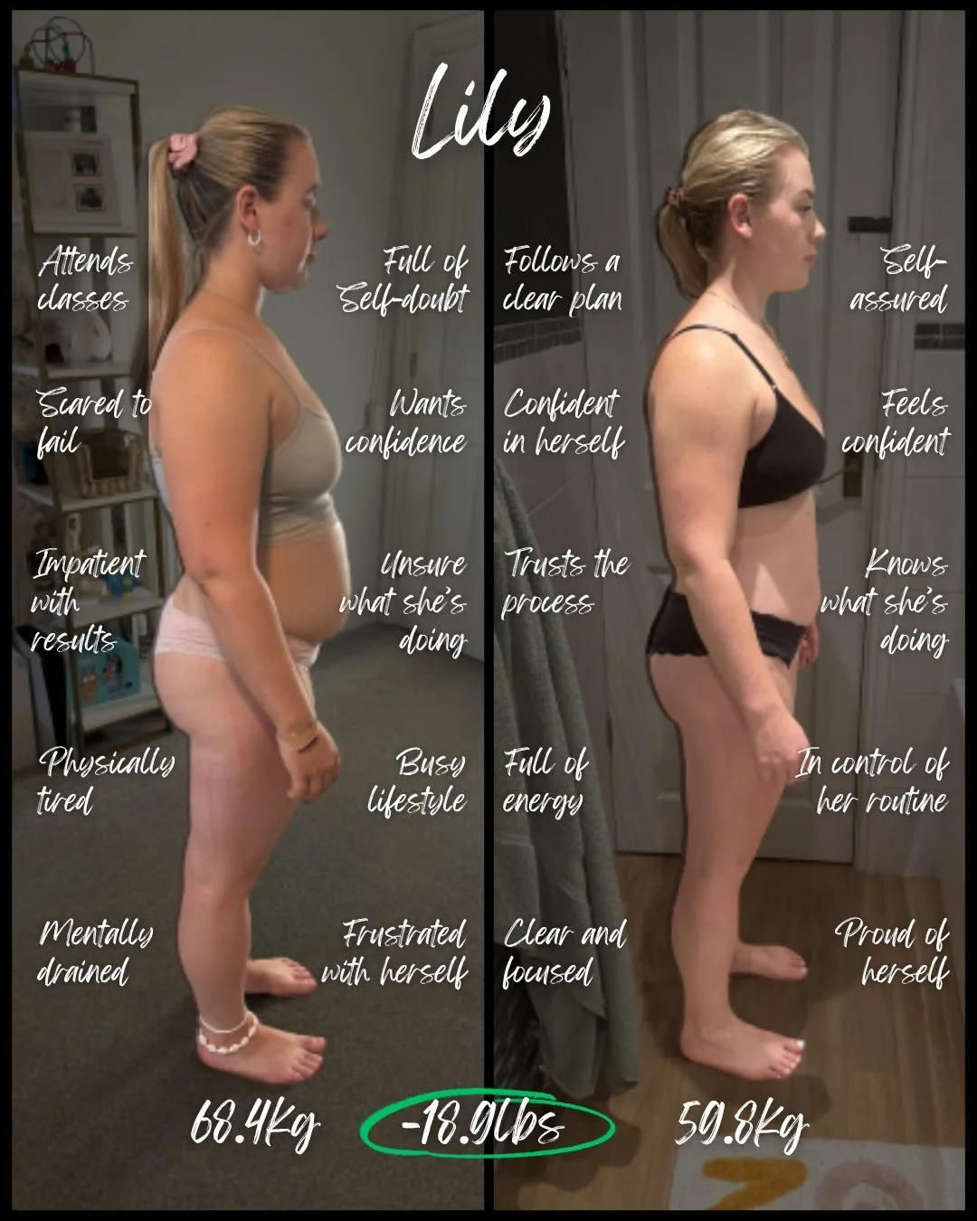 58lbs. 48lbs. 46lbs. 35lbs. 18lbs. 🤯

These are REAL women. No extreme diets. No 5am starts. No giving up their social life.

Just a simple, bespoke plan that actually fits around their life - and results that speak for themselves.

Swipe through an