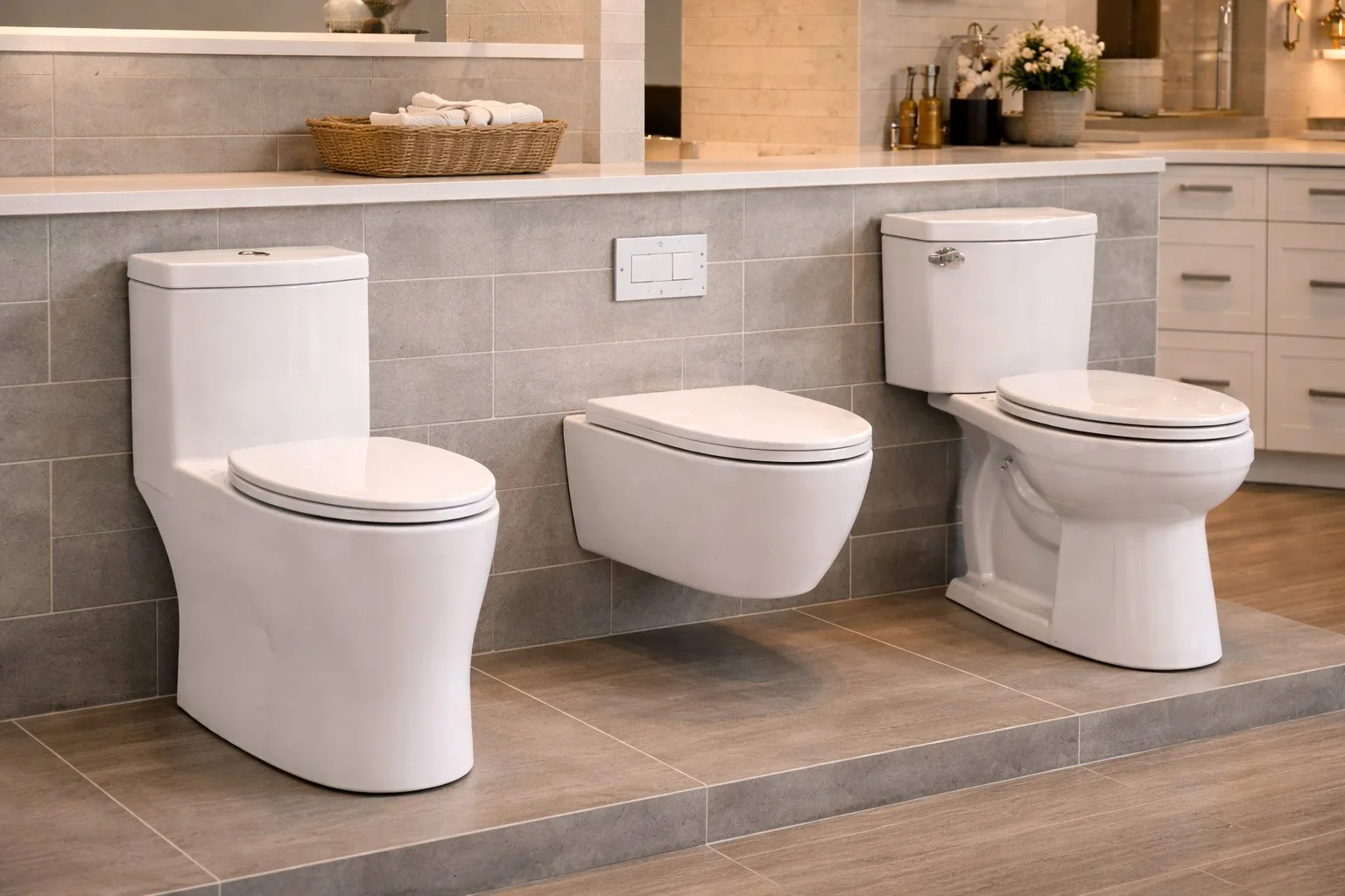 Modern bathroom with two regular toilets and one wall-mounted bidet, all white, with gray tiled wall and wood-look flooring. Counter with baskets, flowers, and toiletries in the background.