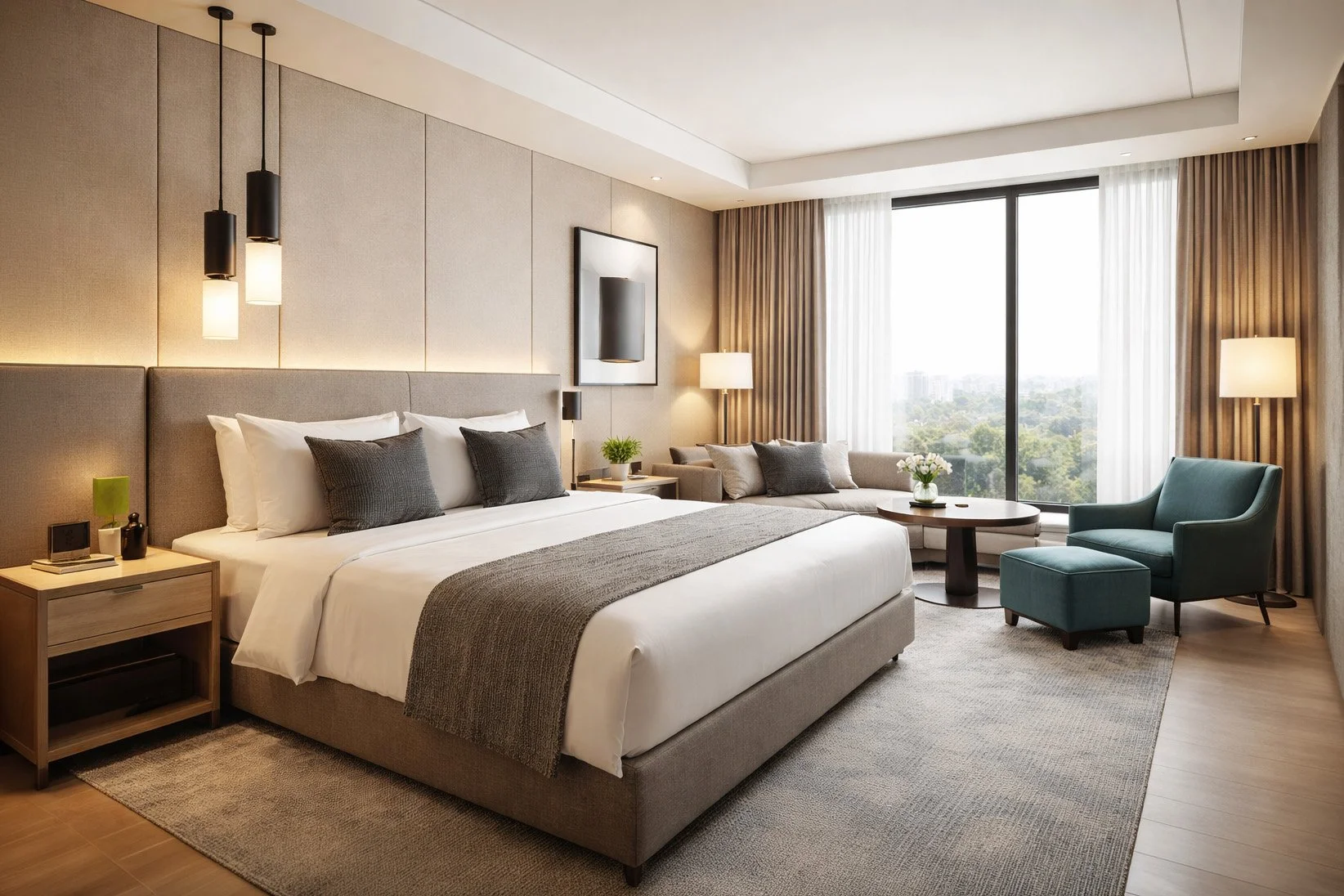 Modern bedroom with a large bed, gray and white decor, sitting area by window, and soft lighting.