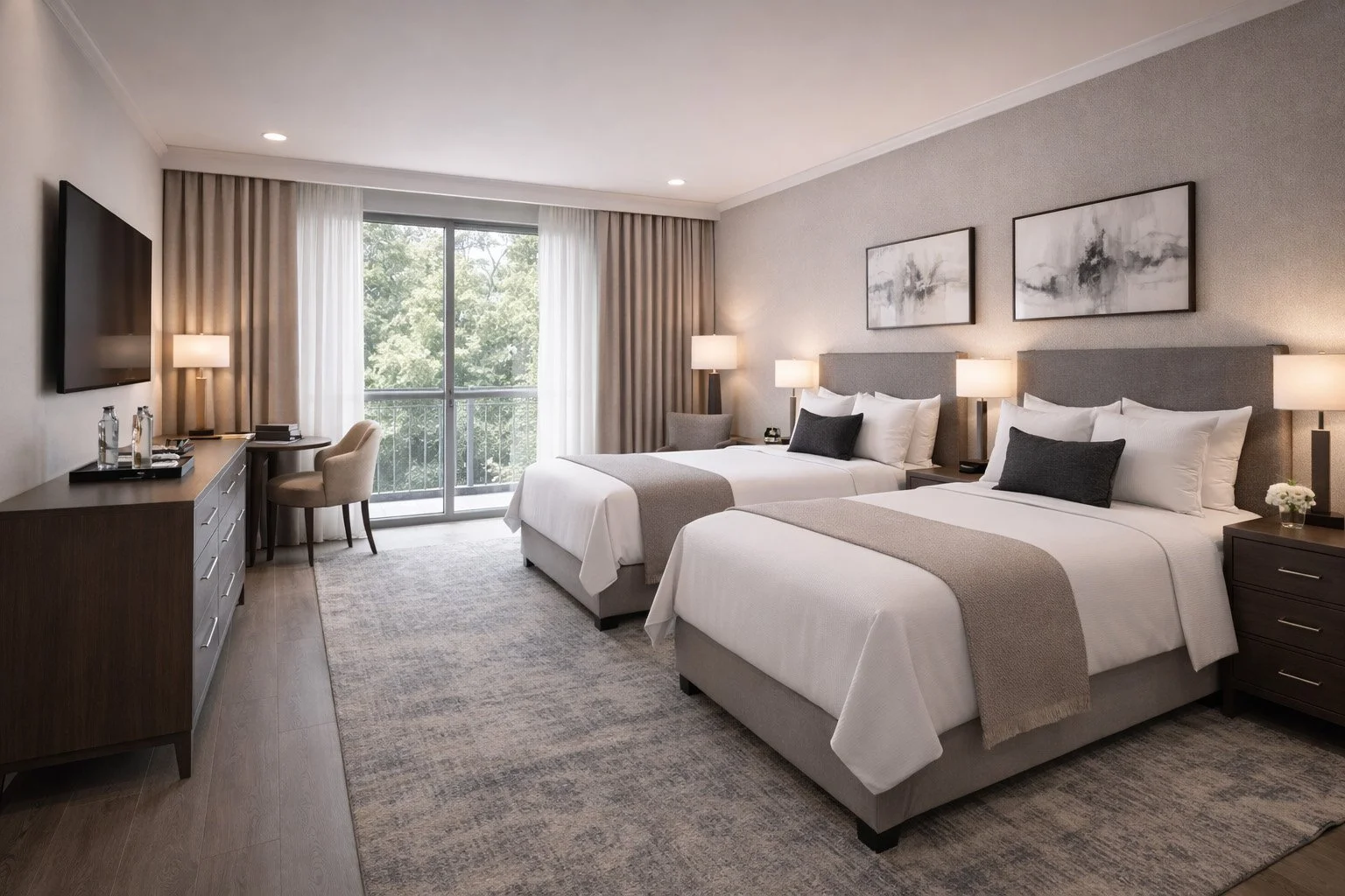 A modern hotel room with two double beds, a dresser with a TV, and a balcony with glass sliding doors revealing trees outside.