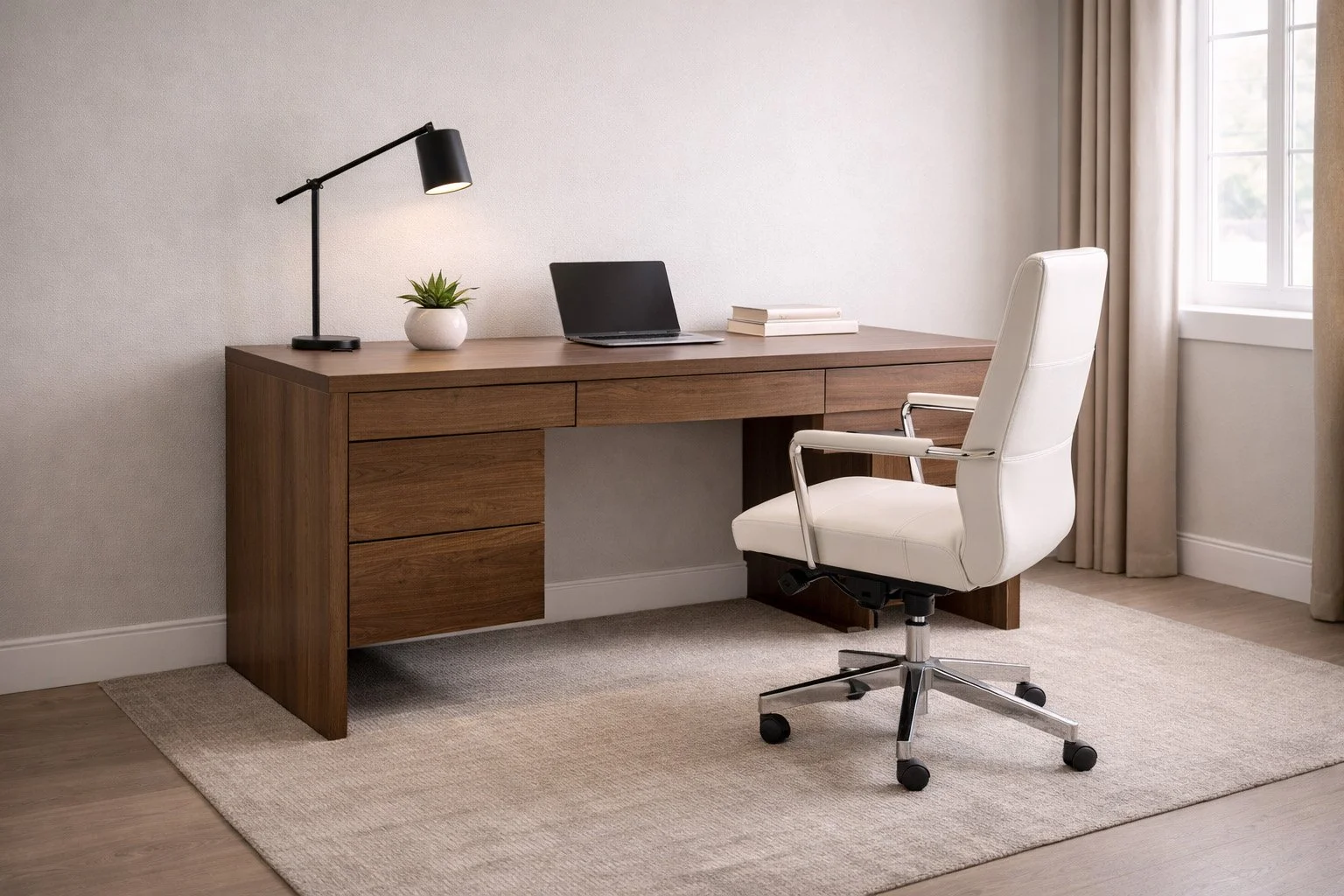Modern office desk with a laptop, a desk lamp, and a small potted plant, next to a white office chair and a window with curtains.