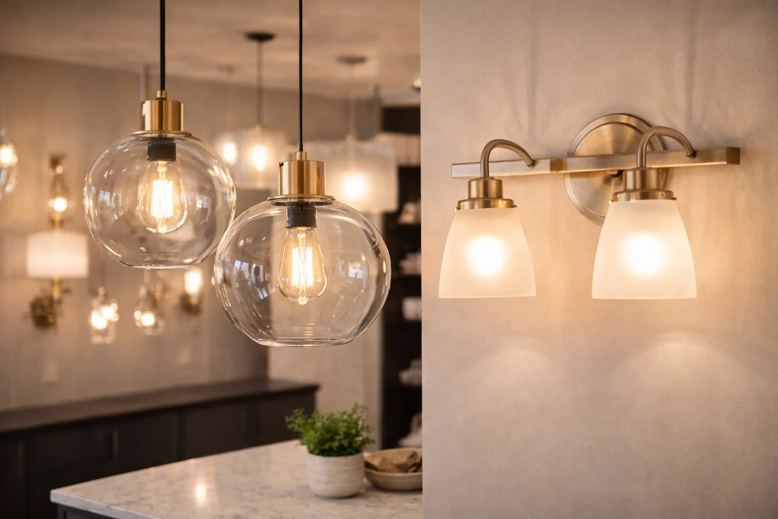 Pendant lights with clear glass globes and a wall-mounted fixture with frosted glass shades in a modern interior.
