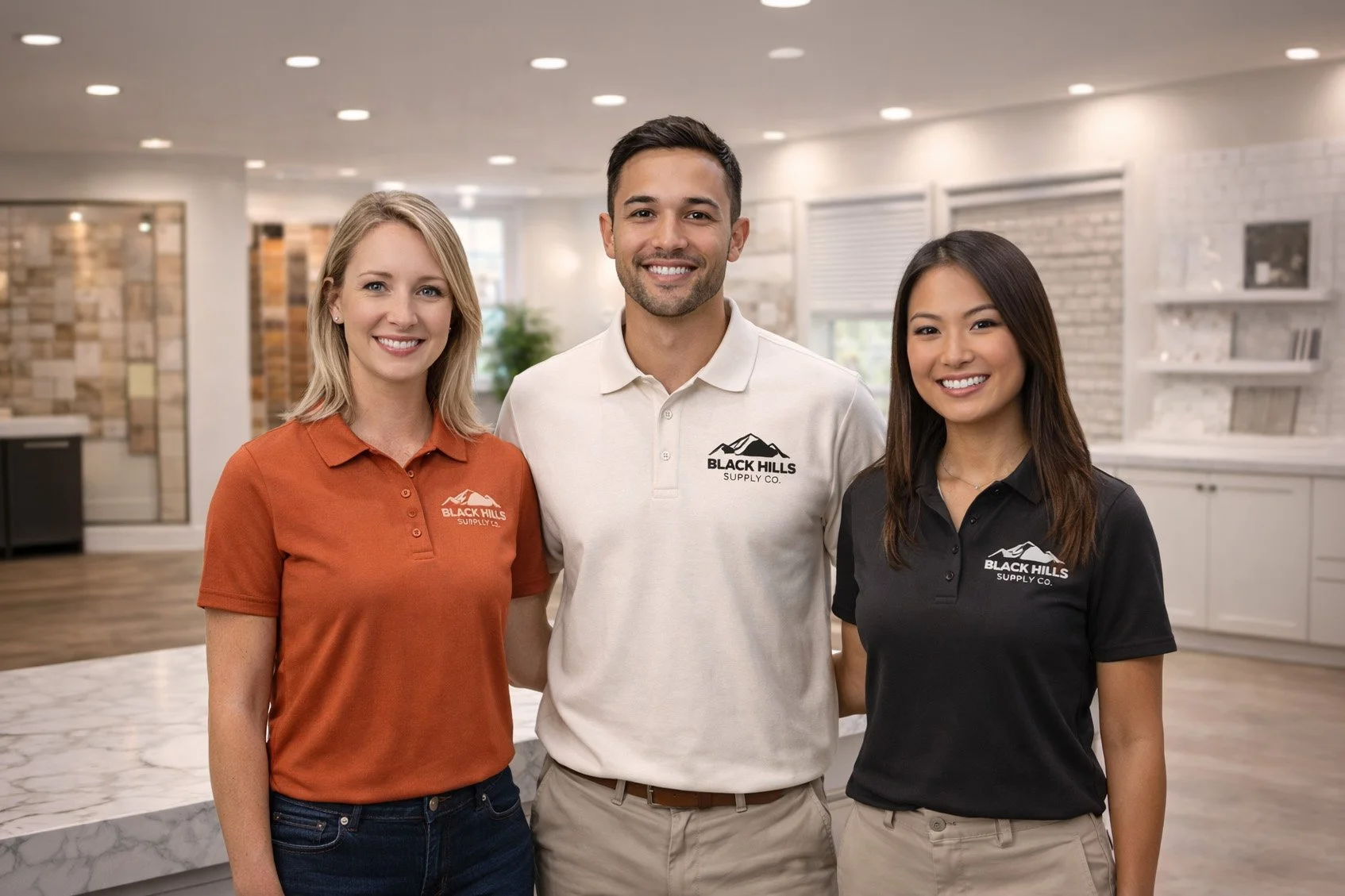 Three people smiling and standing close together in an indoor setting, wearing black, white, and orange polo shirts with the logo and text "Black Hills Supply Co." on the shirts.
