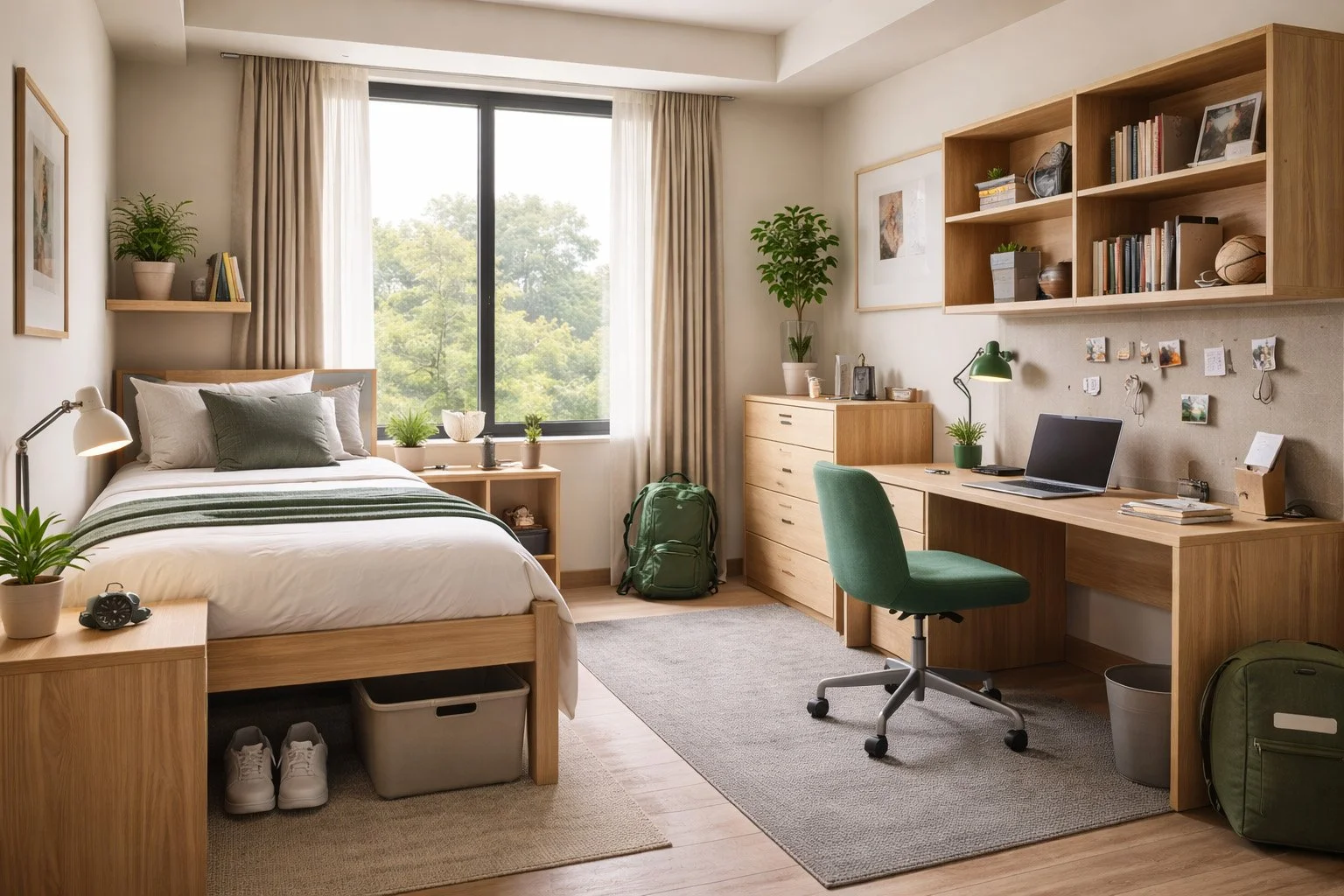 A well-lit bedroom featuring a bed with white linens and green accent pillows, wooden furniture including a nightstand, dresser, and wall-mounted shelving with books and decorative items. A large window with beige curtains reveals greenery outside. There's a desk with a green chair, a laptop, and a desk lamp, with various personal items and photos pinned to the wall. Green plants and backpacks add to the room's cozy, organized atmosphere.