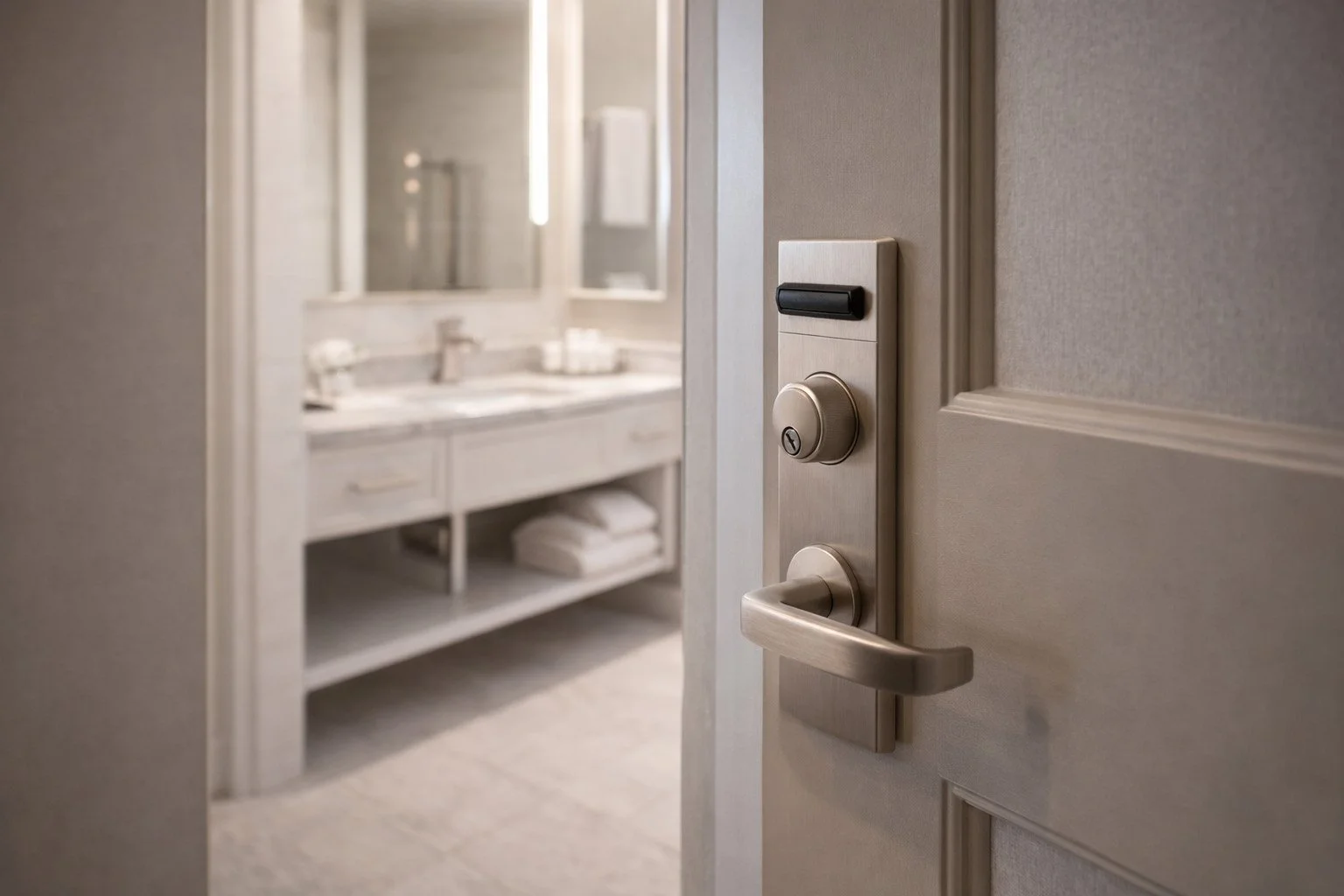 Close-up of a hotel room door latch with a modern handle, lock, and security pin, partially open to reveal a bathroom with a countertop, sink, mirror, and bath towels.
