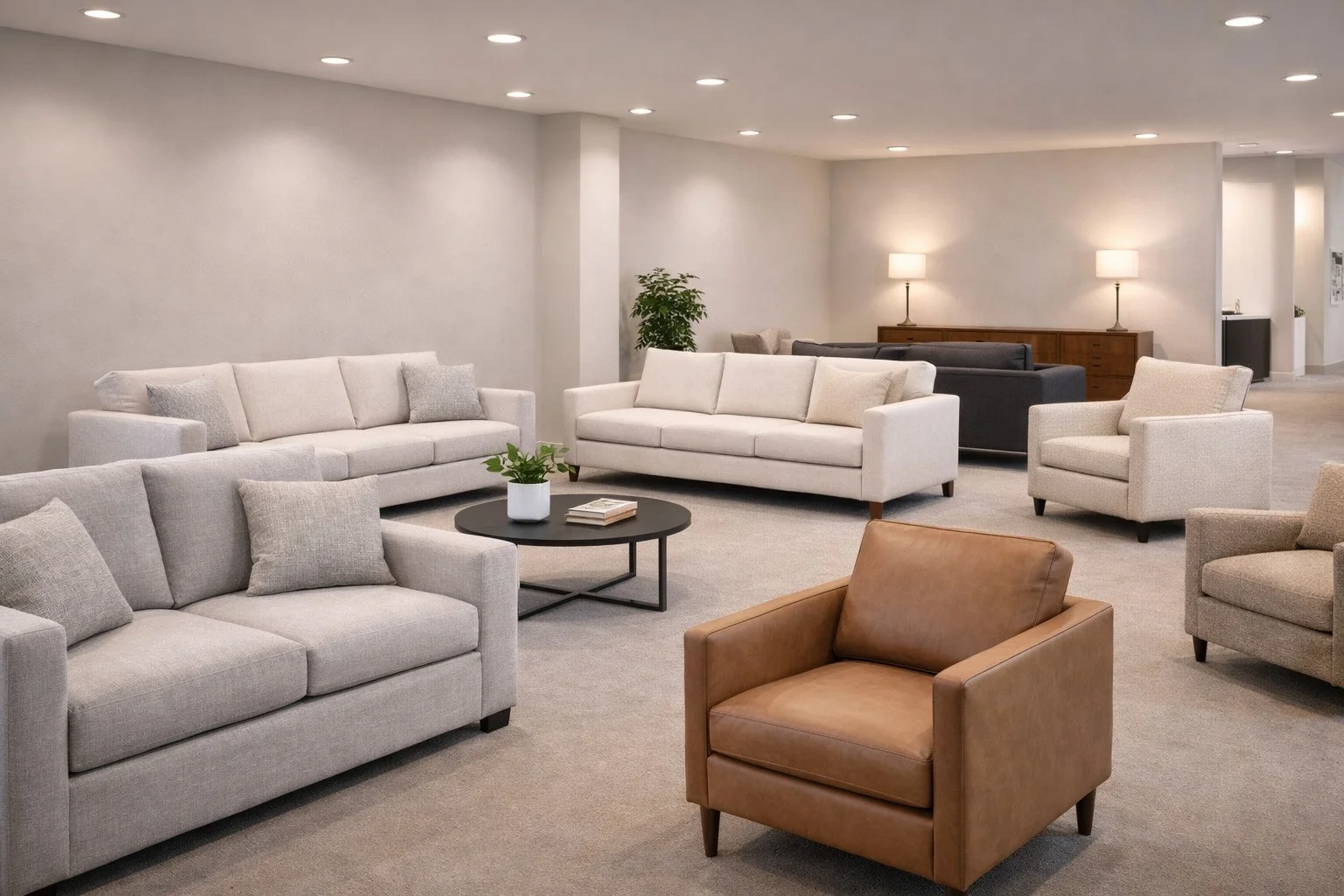 Spacious lounge area with beige and gray sofas, armchairs, a black coffee table with a potted plant and books, and lamps on side tables, in a well-lit, modern interior.