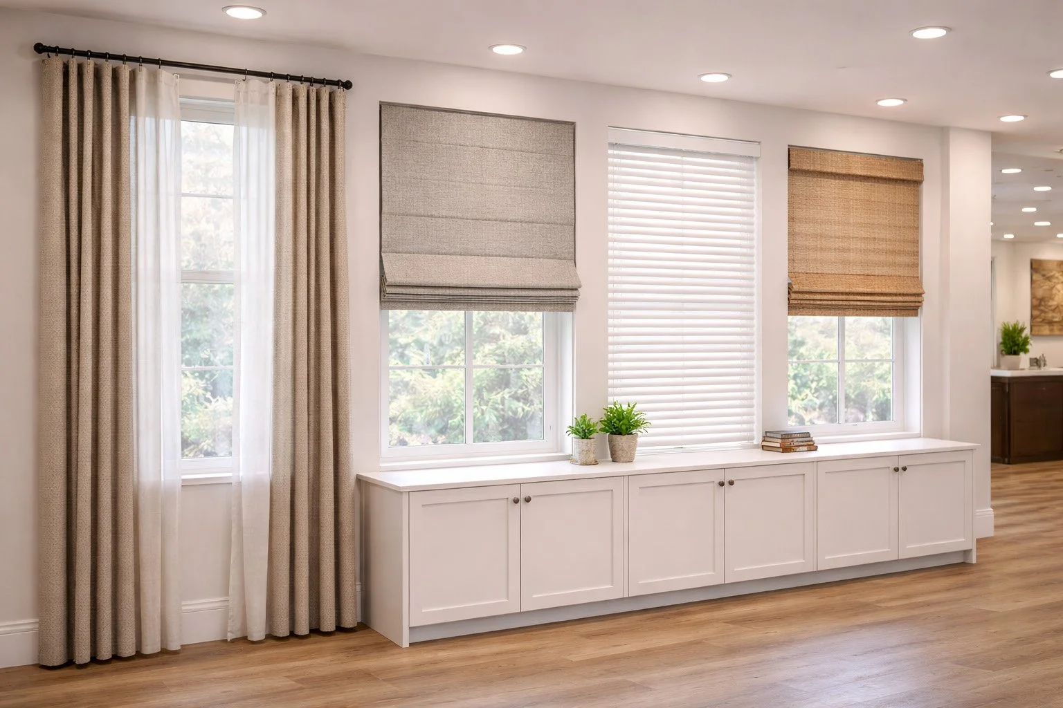 A row of four windows with different window treatments: curtains, Roman shade, blinds, and woven shade, above white cabinets with small potted plants and books, in a room with recessed ceiling lights and hardwood flooring.