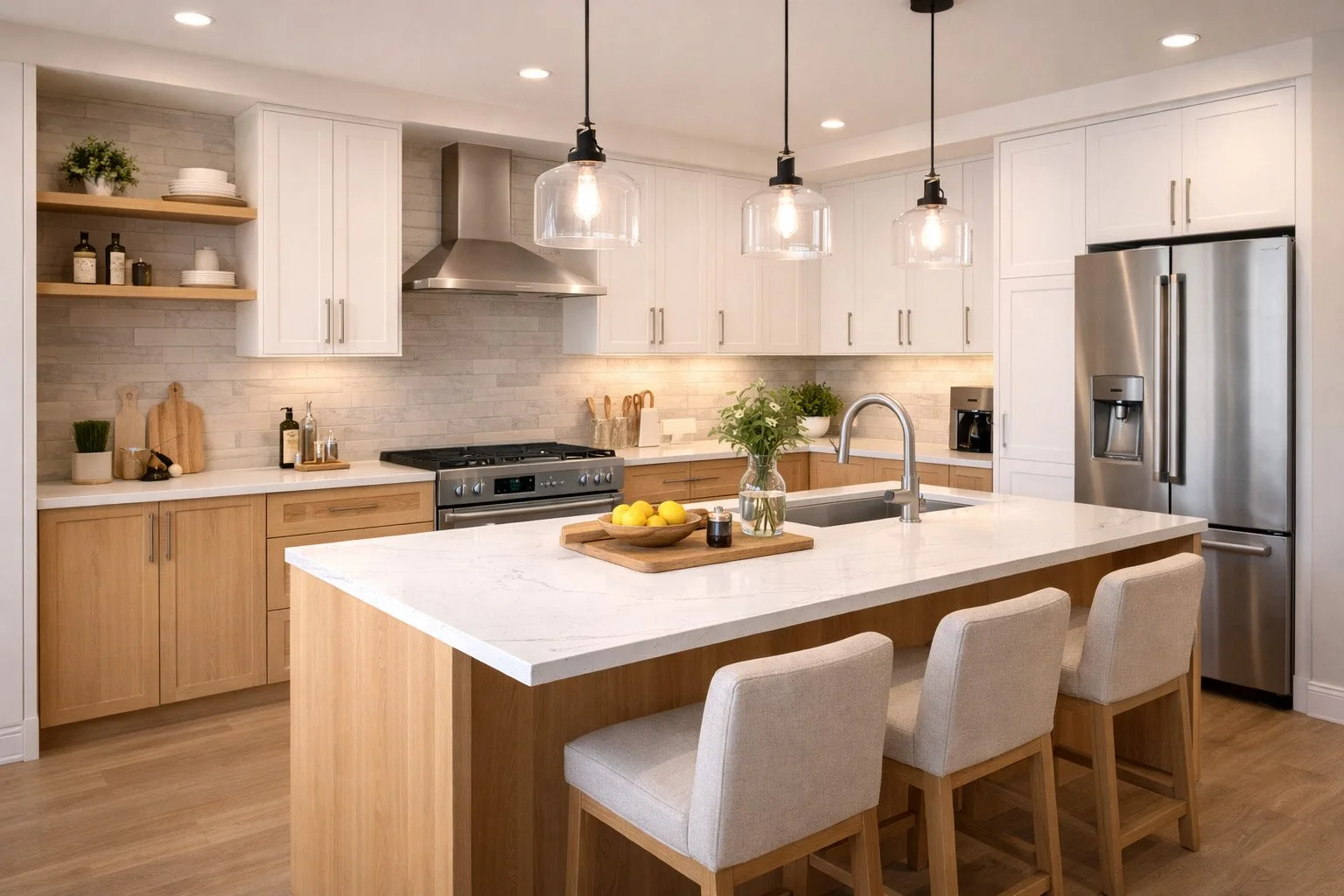 Modern kitchen with white upper cabinets, wood lower cabinets, stainless steel appliances, a kitchen island with seating, pendant lights, and decorative items.