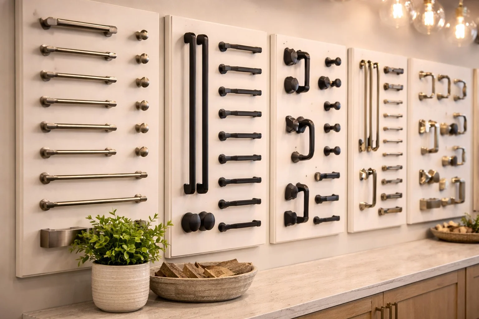 Display of cabinet handles and knobs on white boards, with a potted plant and a bowl of wood samples on a light-colored countertop.
