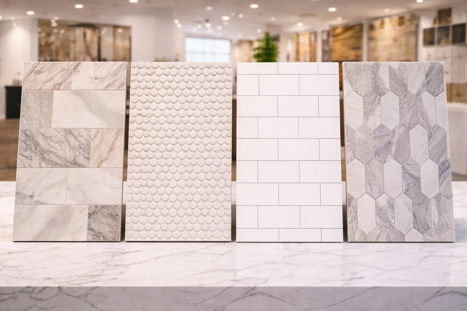 Four tile samples in different patterns and textures displayed on a marble surface in a showroom.