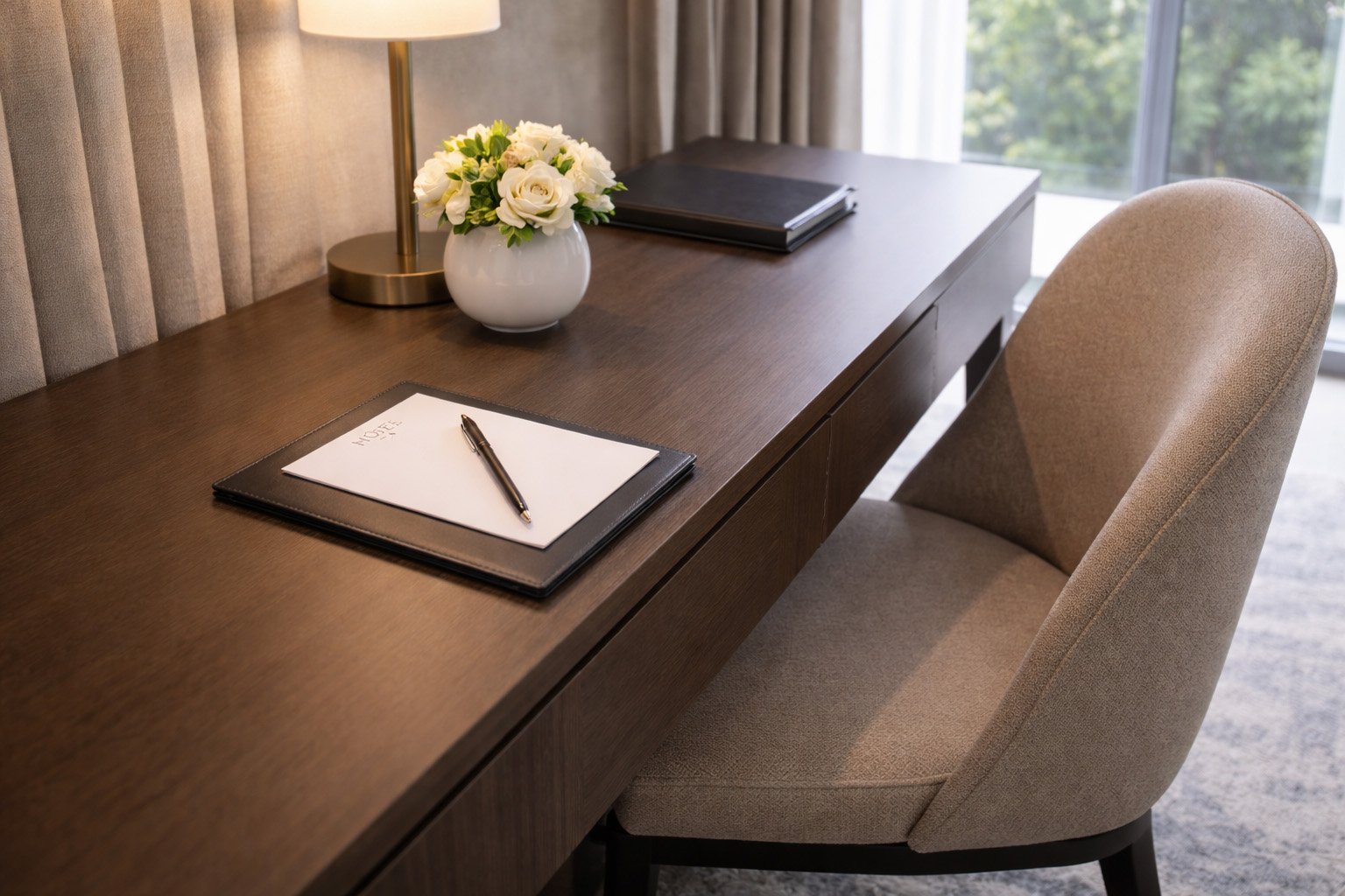 A wooden desk with a notepad and pen, a white vase with white flowers, a lamp, and a black folder, next to a beige upholstered chair in front of a window with a view of green trees.