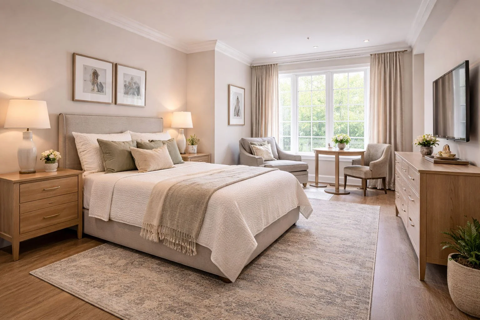 A spacious hotel room with a large bed, nightstands, lamps, a sitting area with two chairs and a small table, a dresser with a TV, large window with curtains, and decorative artwork on the walls.