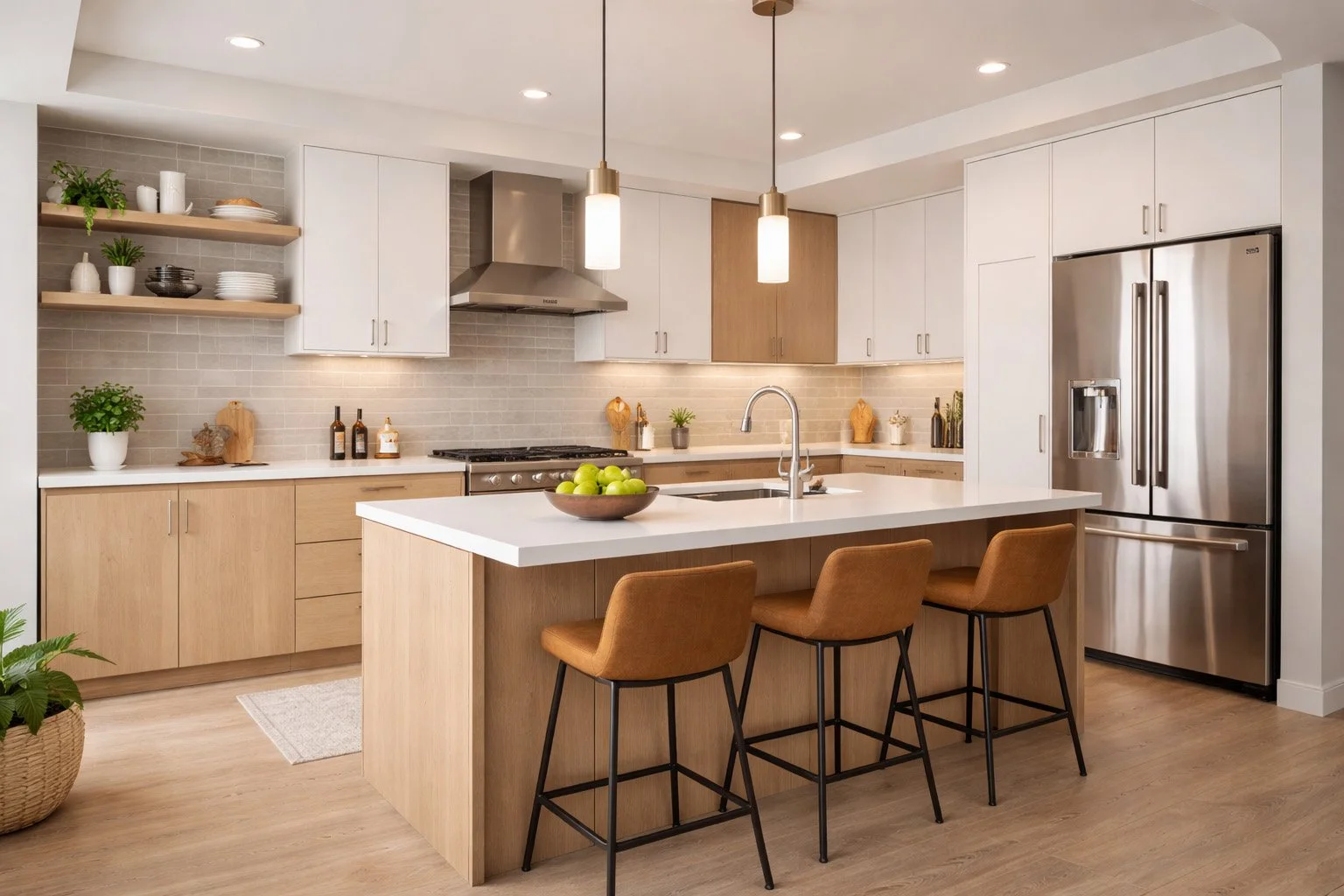 Modern kitchen with white and wood cabinets, stainless steel refrigerator, island with white countertop, three brown bar stools, and minimal decor with plants and bowls of apples.