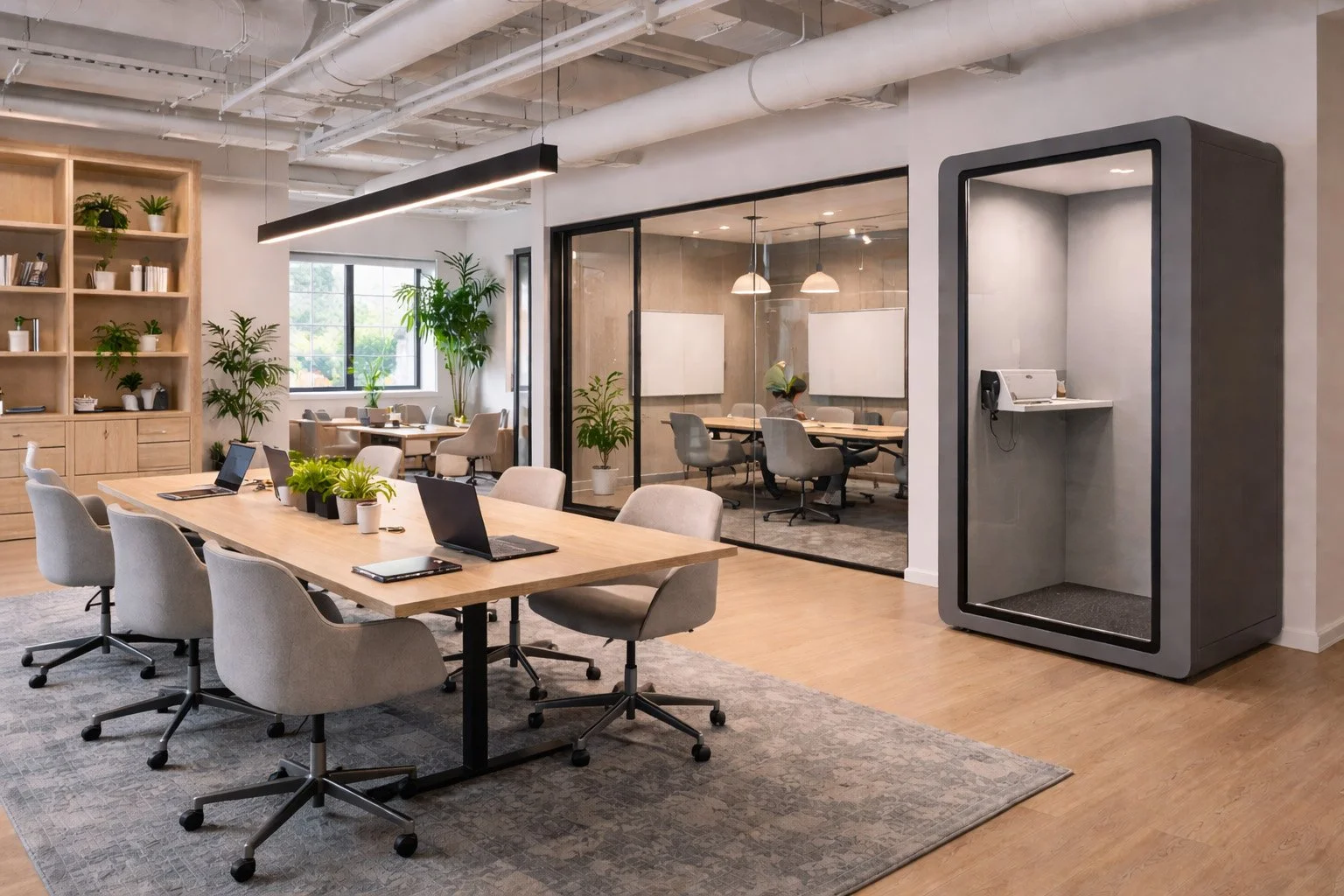 Modern office space with open workspace, glass enclosed meeting room, plants, laptops, and telephone booth.