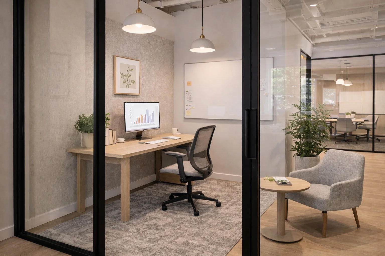Modern office meeting room with glass walls, a small table with a magazine, a light-colored armchair, a large potted plant, and a formal conference room with a round table and chairs in the background.