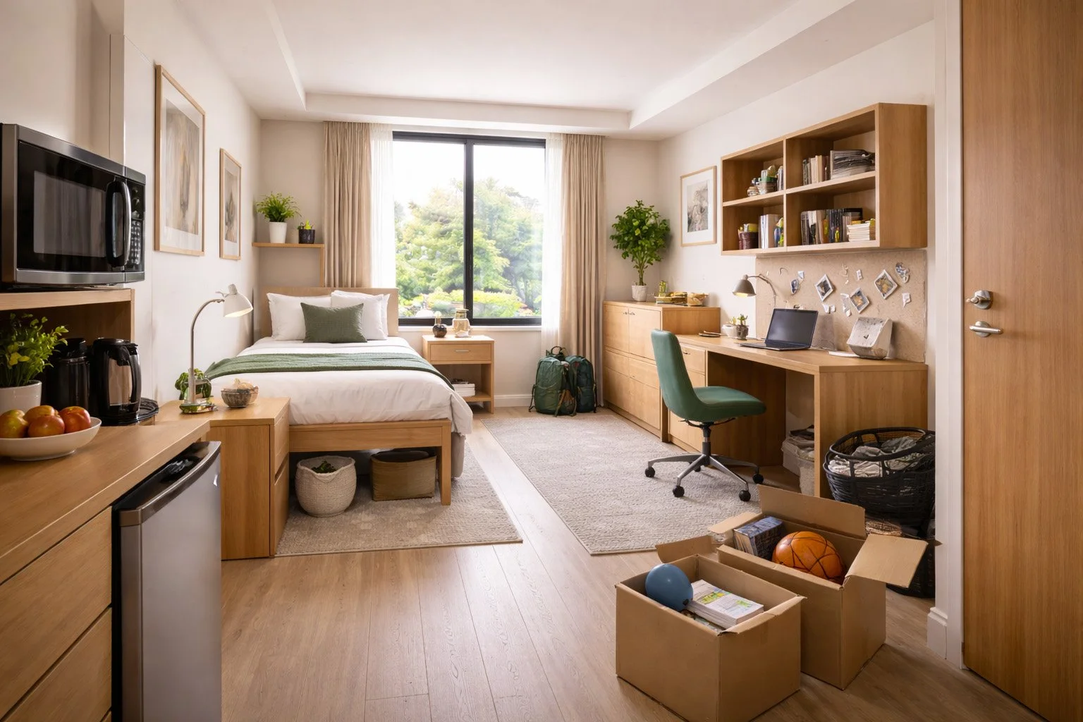A cozy university dorm room with a bed, desk, and large window overlooking greenery, decorated with plants and personal items.