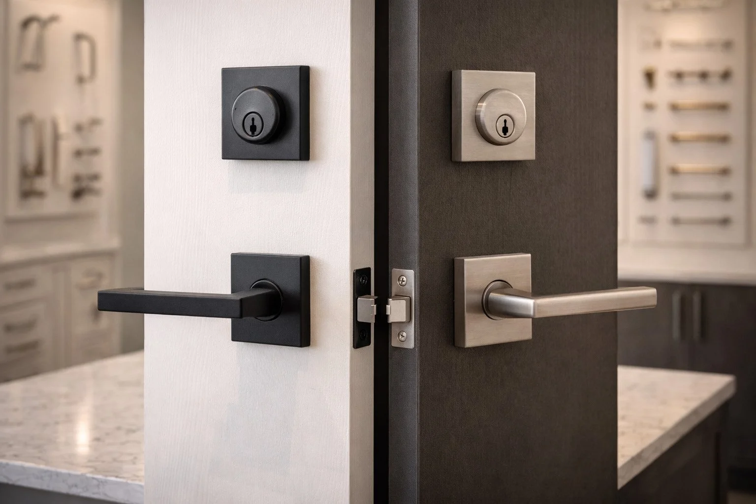 Comparison of black and silver door locks and handles on white and dark gray doors inside a kitchen.