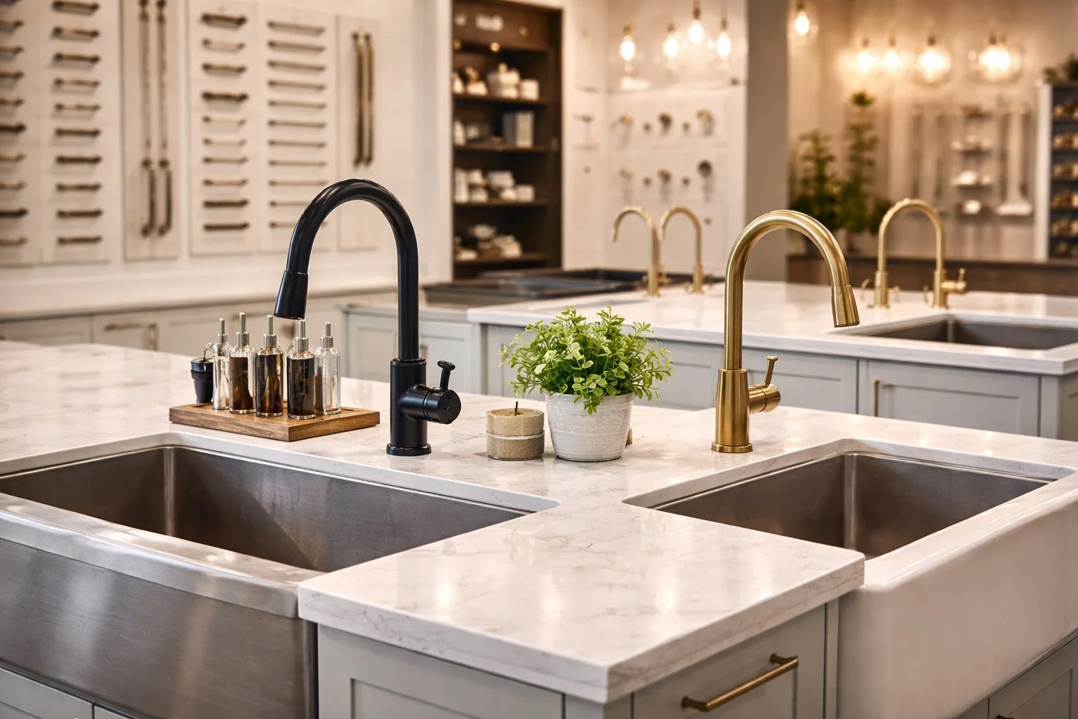 A modern kitchen with marble countertop, black and gold faucets, a plant, and various kitchen items on shelves and counters.