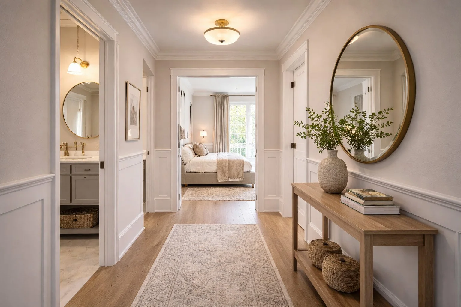 A bright hallway in a home with white walls, a wooden floor, and a beige patterned rug. A wooden console table on the right holds a large round mirror, a ceramic vase with green foliage, and two stacked books. To the left, doorways lead to a bathroom