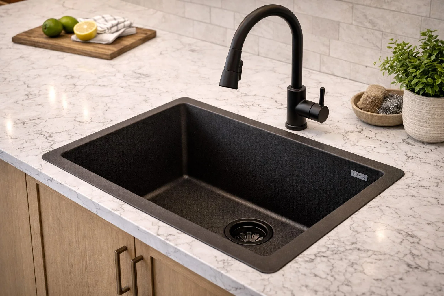 Black kitchen sink with a matte finish, set in a white marble countertop with gray veining. A modern black faucet is above the sink. To the left, a wooden cutting board with limes and lemon halves, and a white cloth towel. To the right, a potted gree