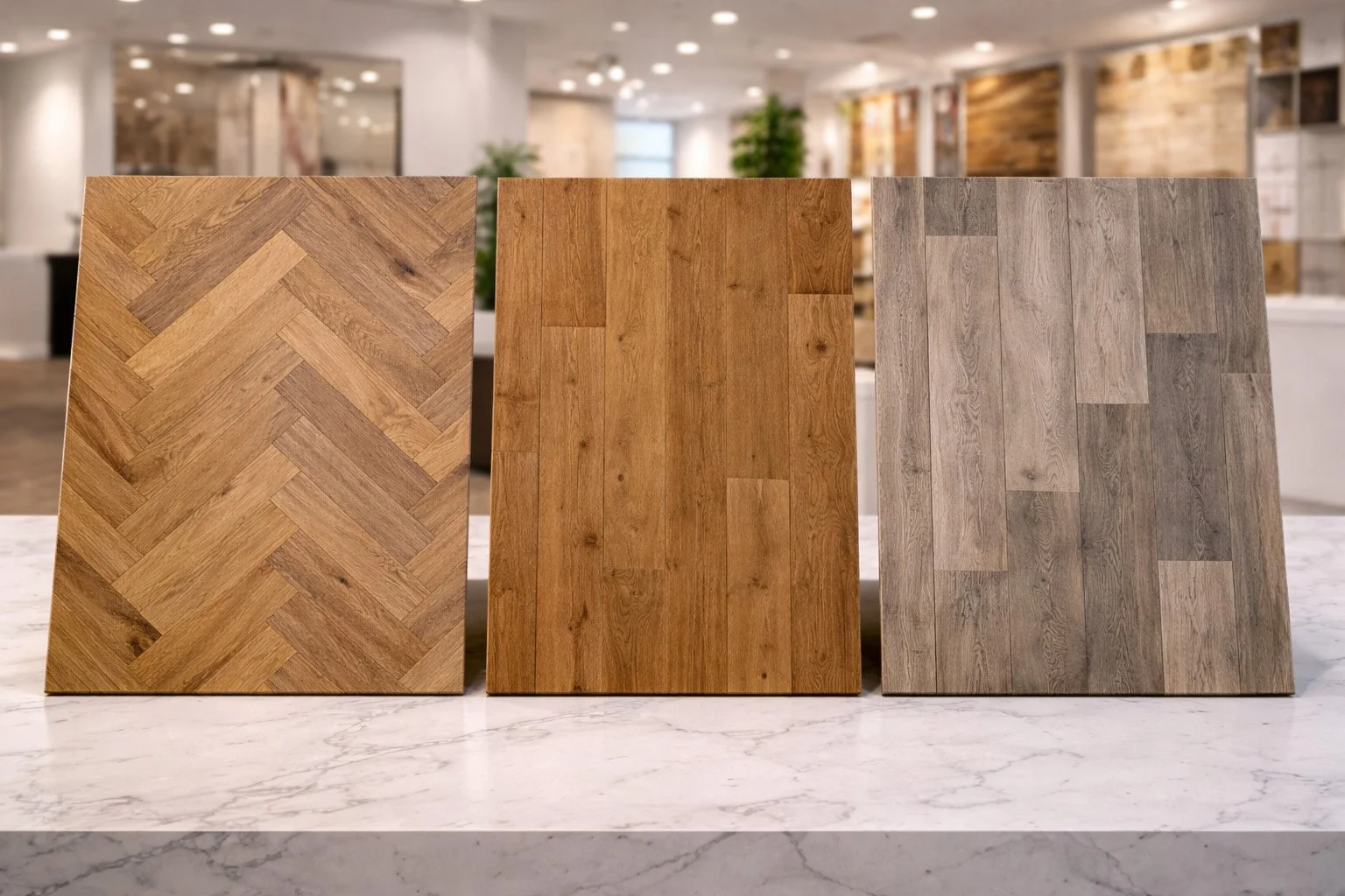 Three wood flooring samples with different finishes and patterns displayed on a white marble surface in a showroom.