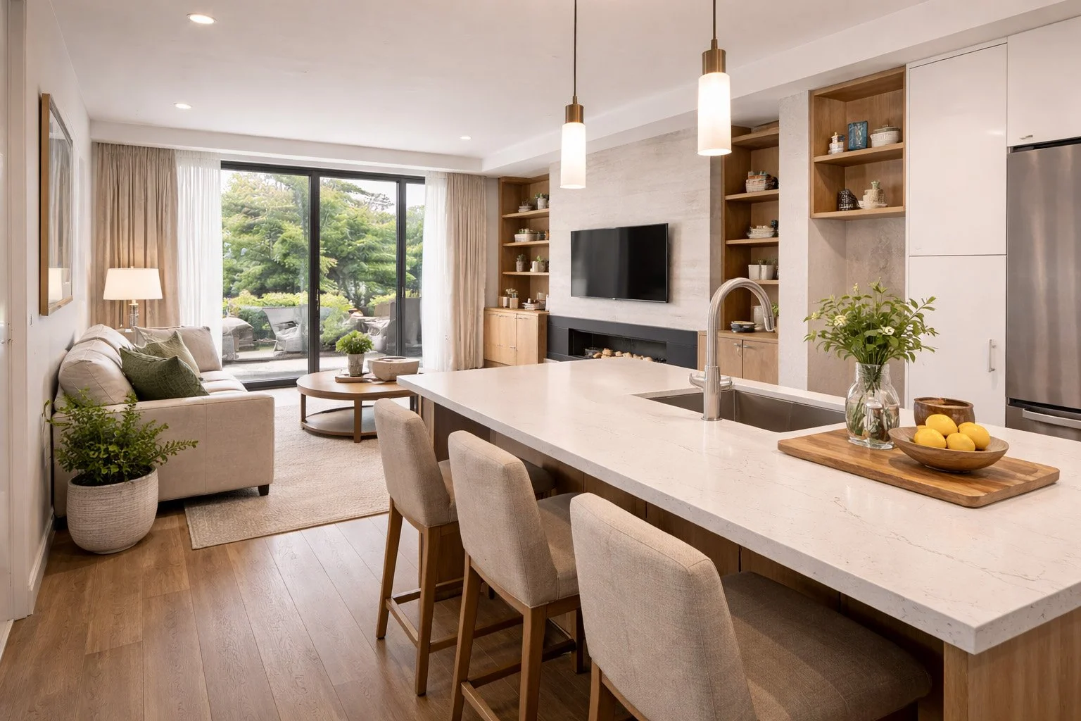 Open-concept living room and kitchen with a view of lush green trees through sliding glass doors.