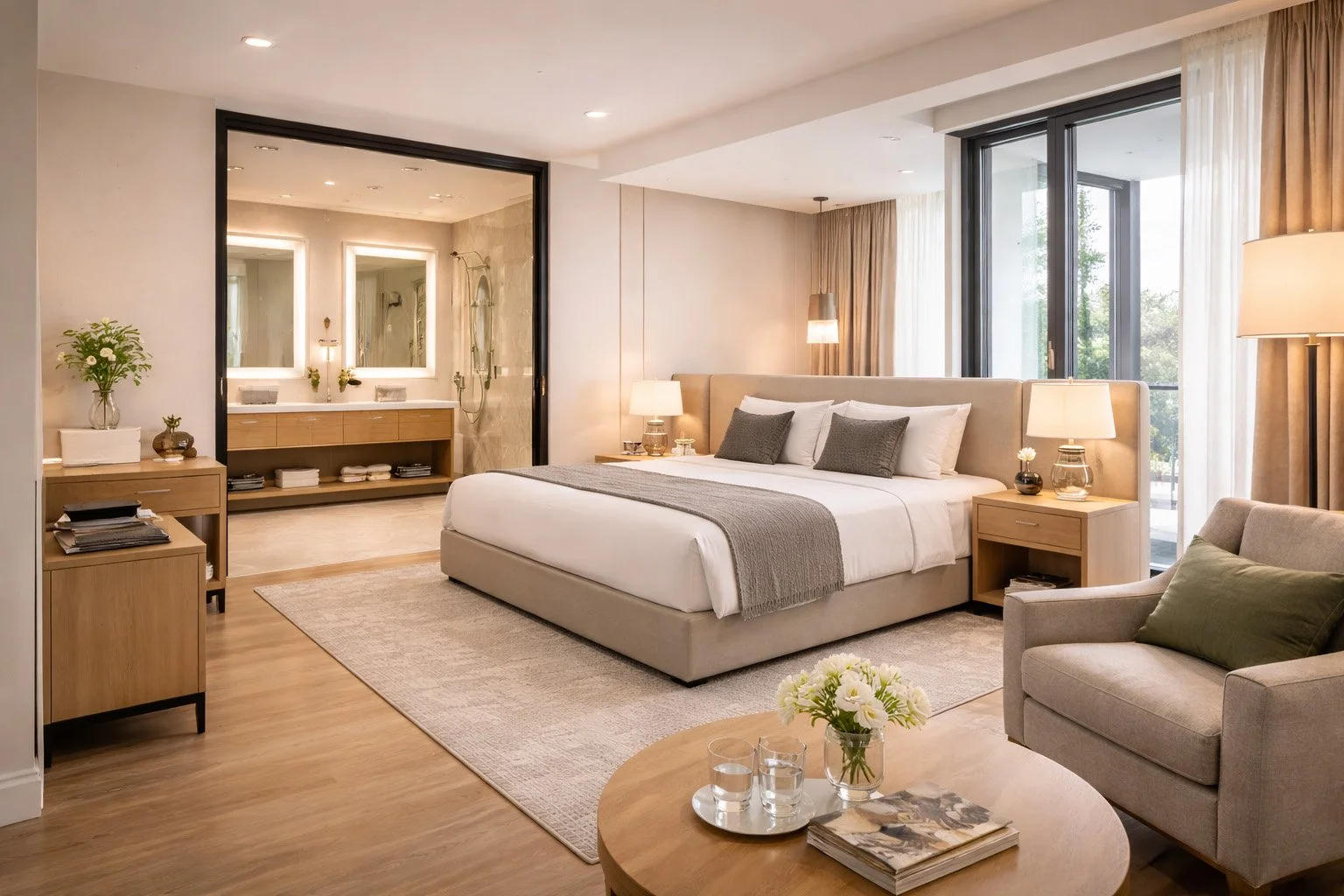 Modern hotel suite with a large bed, bedside tables with lamps, a sitting chair with a green pillow, a coffee table with flowers and magazines, and a large window with curtains. An open sliding door reveals a bathroom with a vanity, mirrors, and a shower.