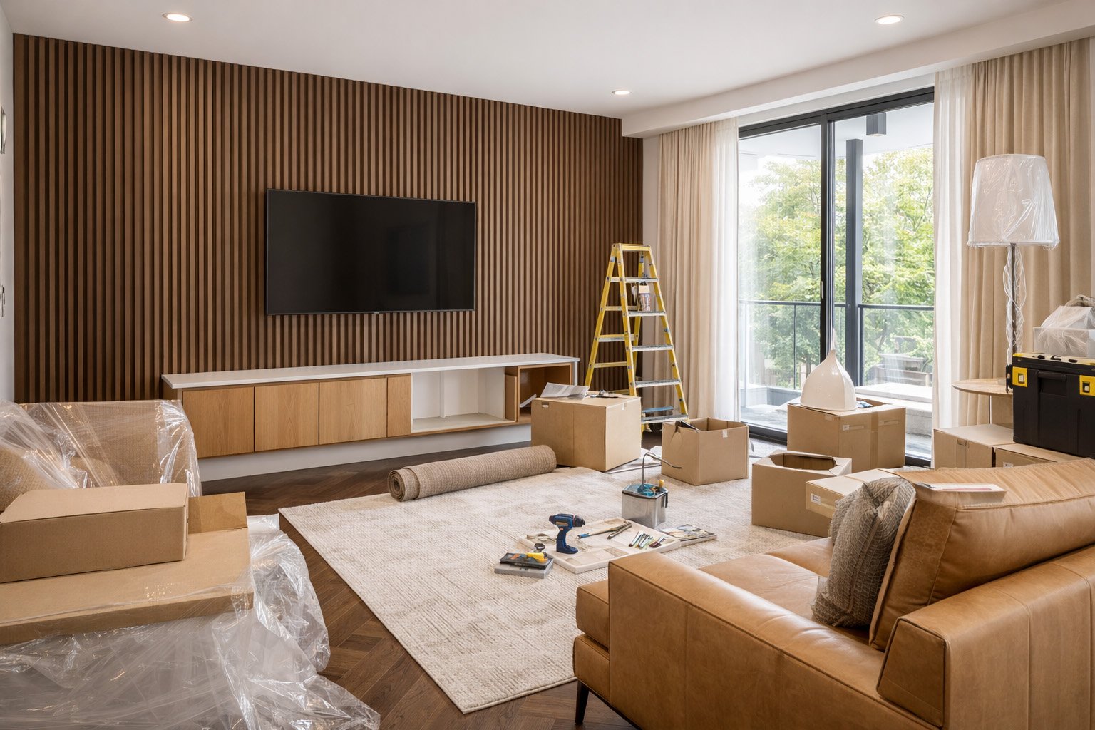 Living room with wood-paneled accent wall, wall-mounted TV, sliding glass door with curtains, leather sofa, area rug, moving boxes, ladder, and modern lighting.