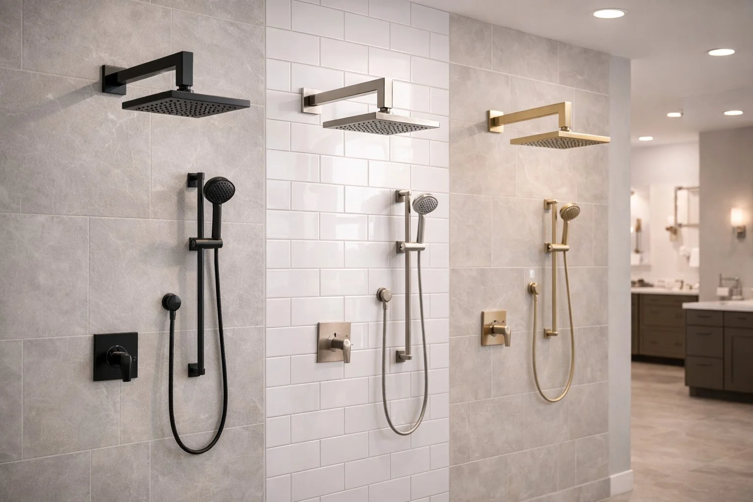 Display of three shower heads and handheld sprays in different finishes (black, silver, gold) in a showroom bathroom.