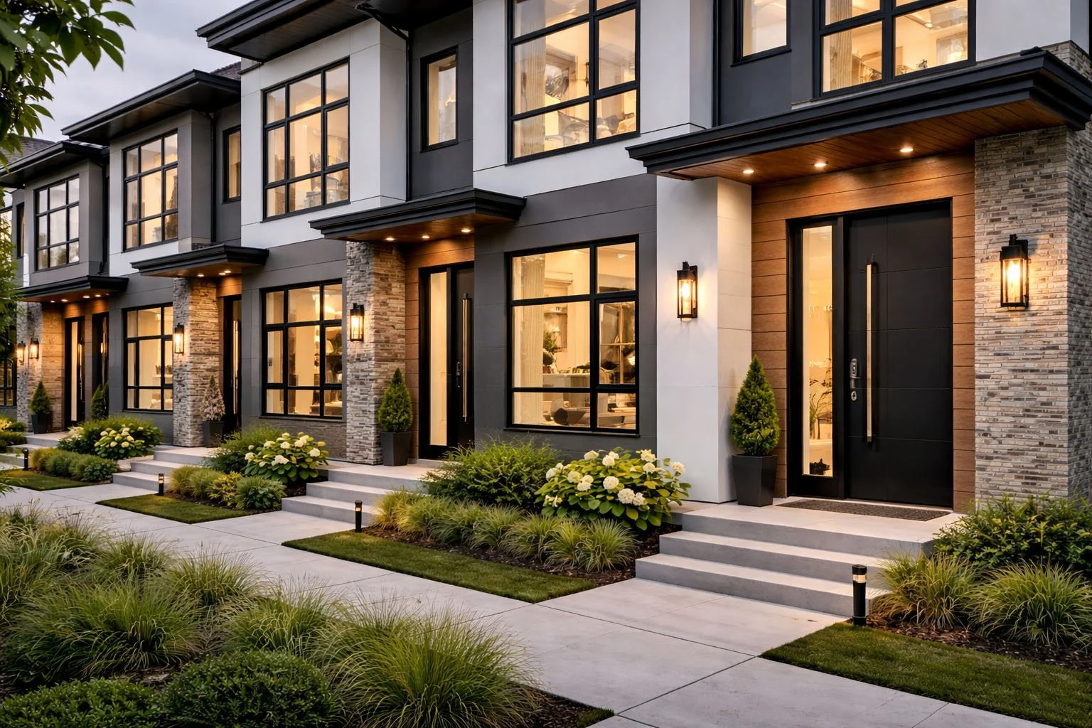 Modern townhouse buildings with black-framed windows, stone columns, and black front doors, illuminated by exterior lights, with landscaped front yards featuring bushes, flowers, and small trees.