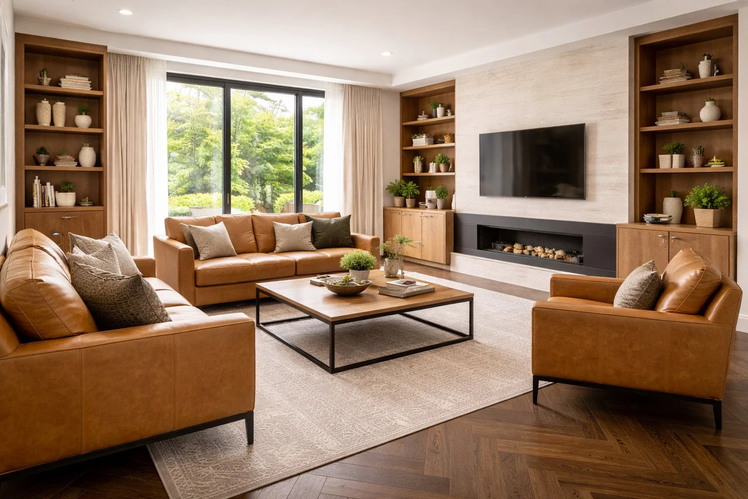Modern living room with beige leather sofas, a wooden coffee table, a large window with greenery outside, built-in wooden shelves with decorative items, and a mounted flat-screen TV above a fireplace.