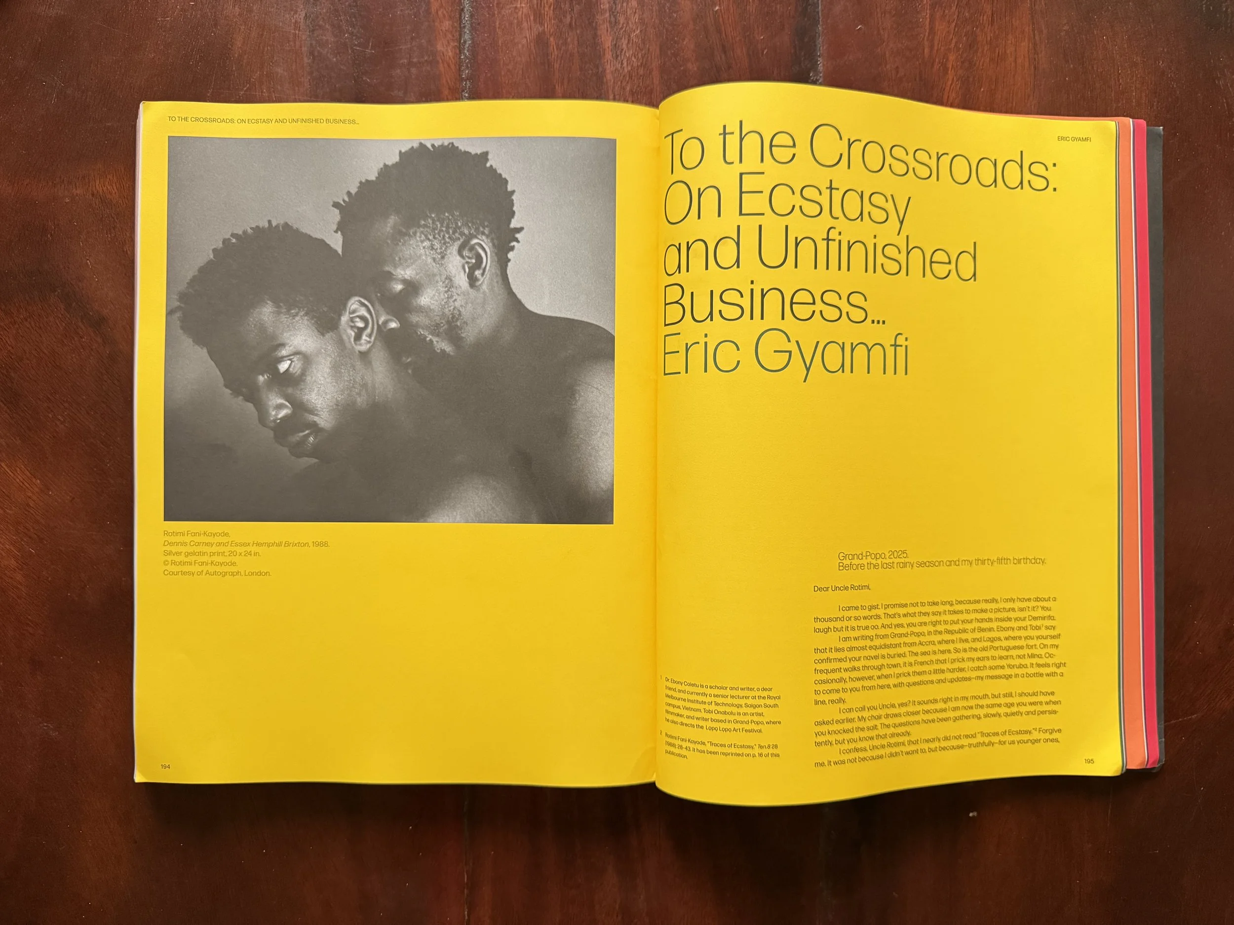 to the crossroads: on ecstasy and unfinished business... a contributing essay to tranquility of communion edited by mark sealy and gaëtane verna  with contributions from dawoud bey, rotimi fani-kayode, wendy a. grossman, lyle ashton harris, suyin hay