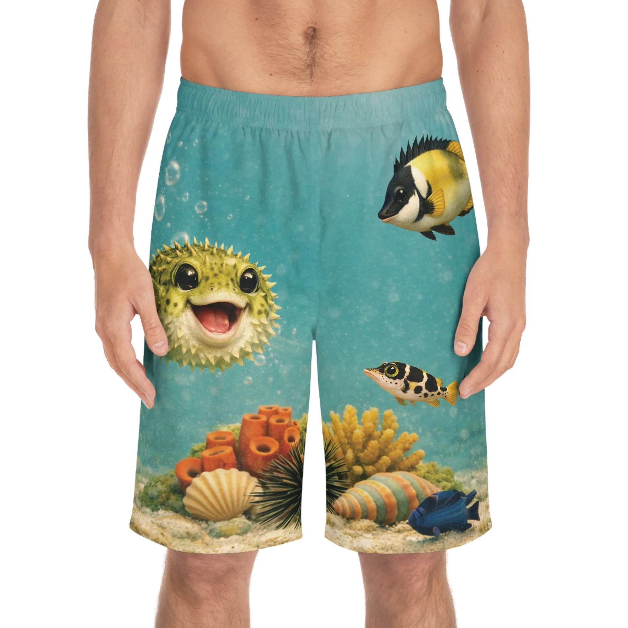 Pufferfish Reef Swim Shorts — Men's Tropical Fish Beach Board Shorts