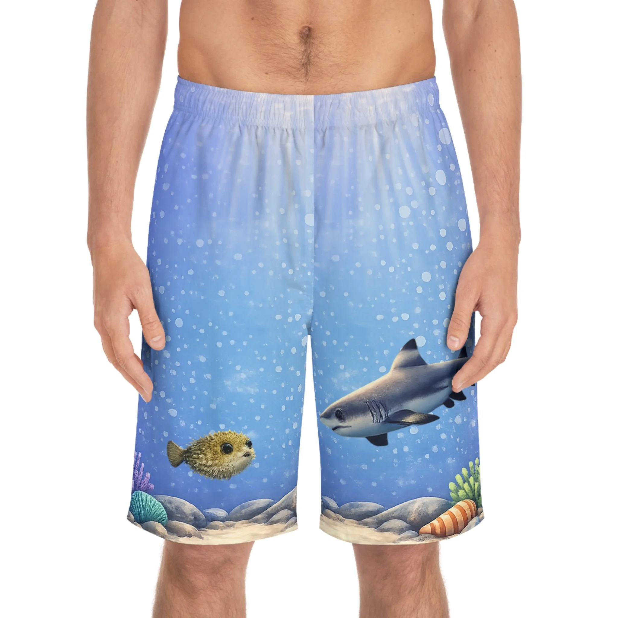 Men's Swim Shorts — Underwater Shark & Puffer Fish Print