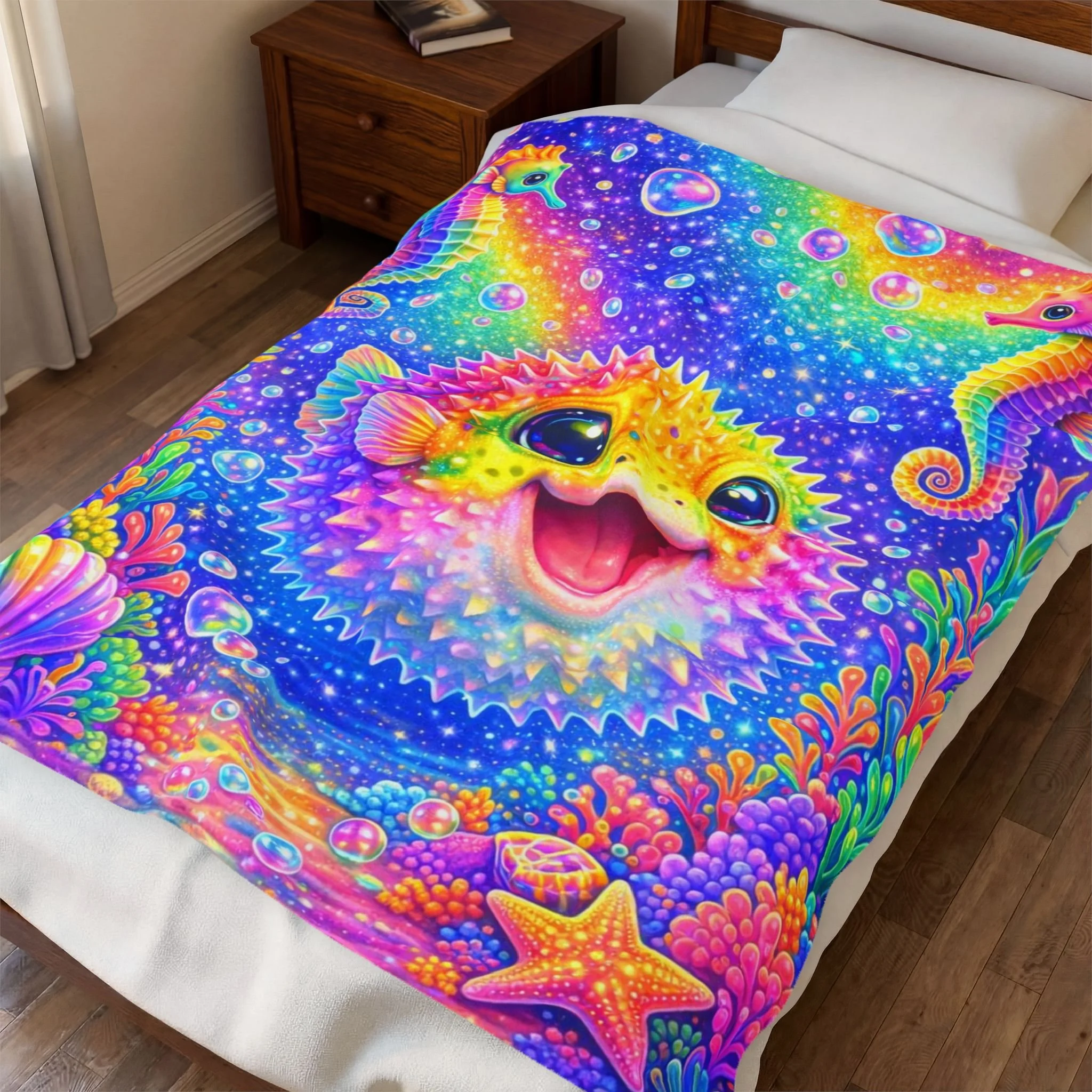 Retro Jake the Pufferfish Velveteen Plush Blanket – Colorful Ocean Sea Life Throw