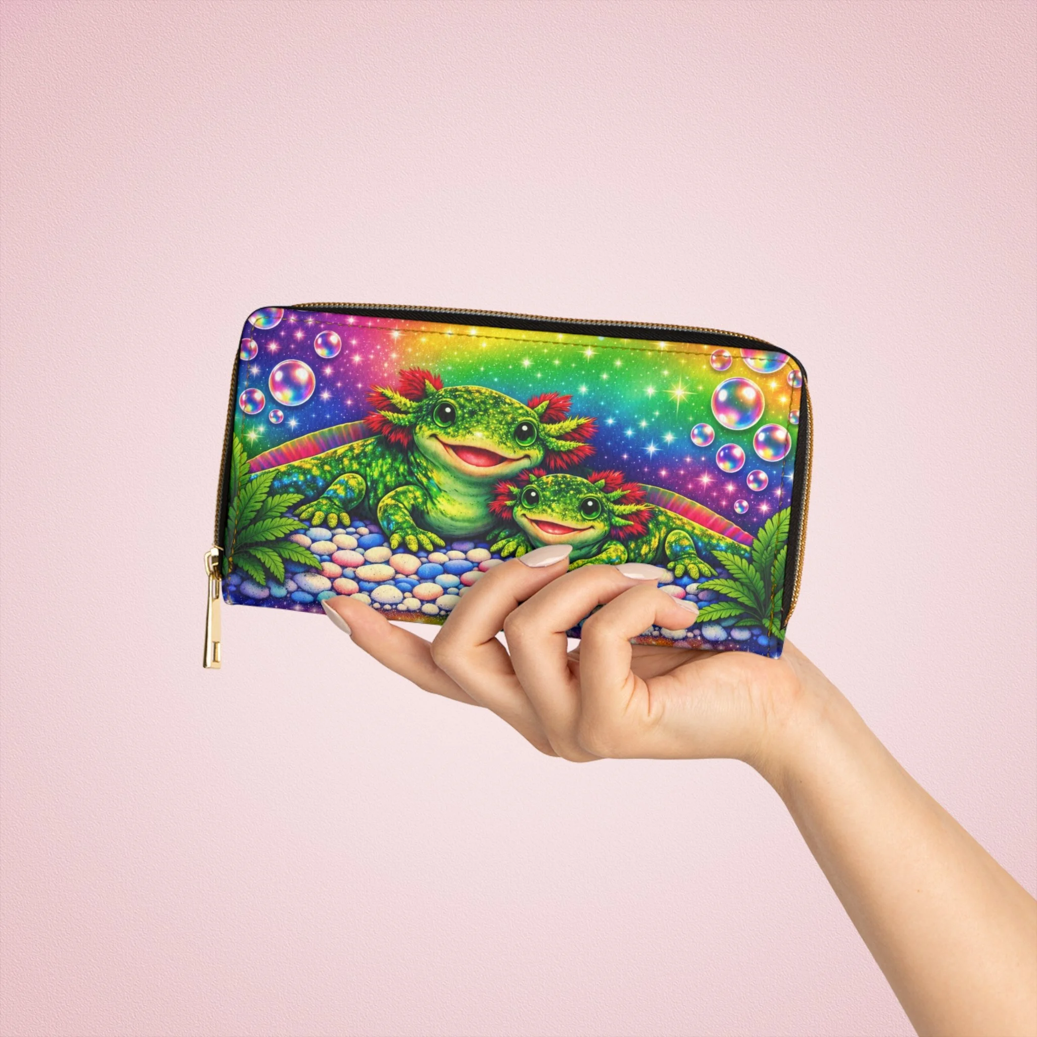 Retro Axolotl Zipper Wallet — Cute Amphibian Coin & Card Pouch