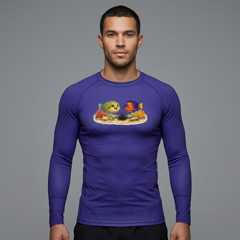 Jake the Pufferfish meets a Coral Beauty Angelfish Long Sleeve Rashguard Tee — Tropical Ocean Dive Shirt
