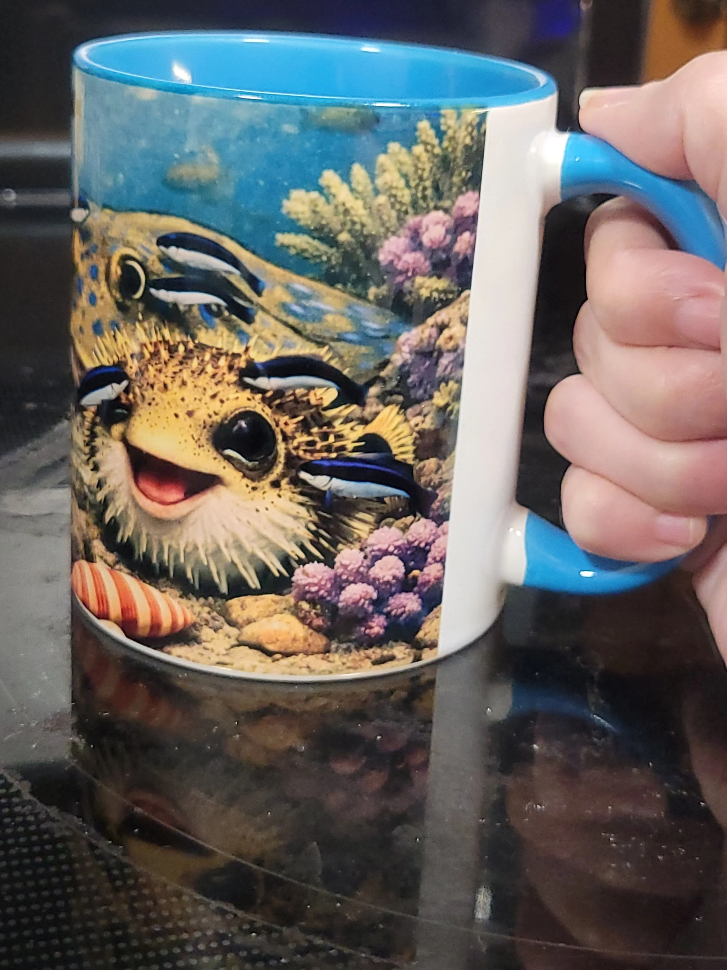 Jake's Spa Day Coffee Mug — Colorful Ocean Puffer Fish Accent Mug (11/15oz)