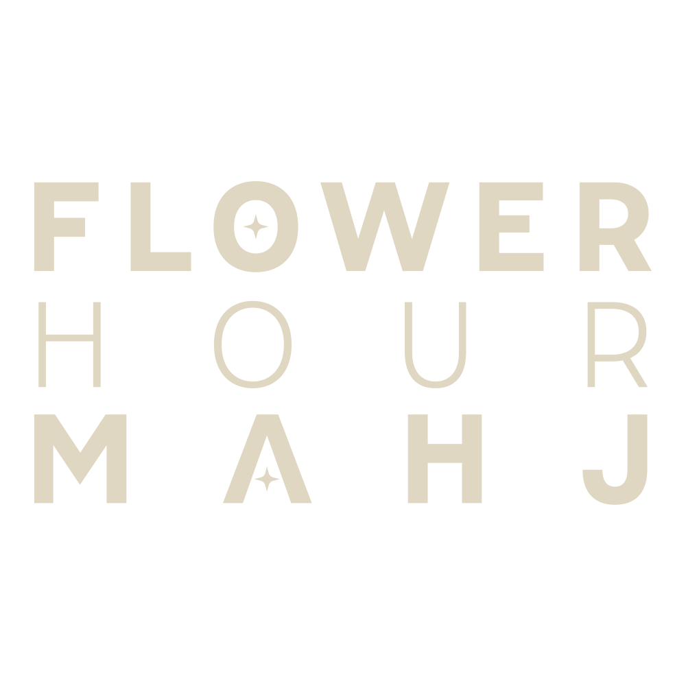 Text graphic with the words 'Flower Hour M*A*H J' in beige font on a black background.